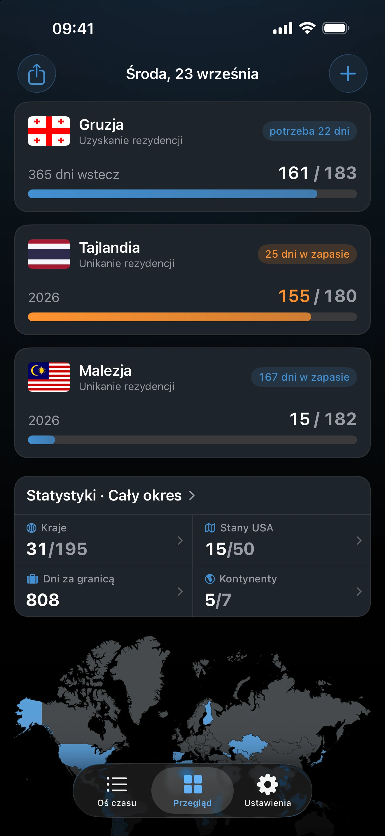 Przegląd w AtlasDays z trzema trackerami rezydencji podatkowej: Gruzja: 161 ze 183 dni, brakuje 22 dni; Tajlandia na pomarańczowo: 155 ze 180; Malezja: 15 ze 182