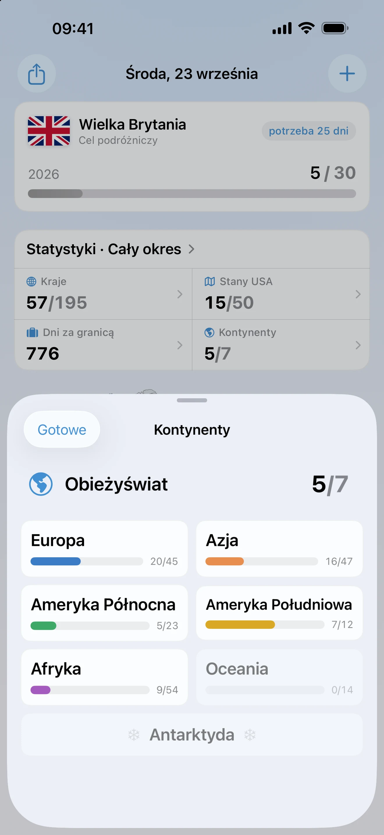 Arkusz „Kontynenty” w AtlasDays otwarty ze statystyk na ekranie Przegląd: 5 z 7 kontynentów, w tym Europa 20 z 45, Azja 16 z 47, Ameryka Północna 5 z 23, Ameryka Południowa 7 z 12 i Afryka 9 z 54