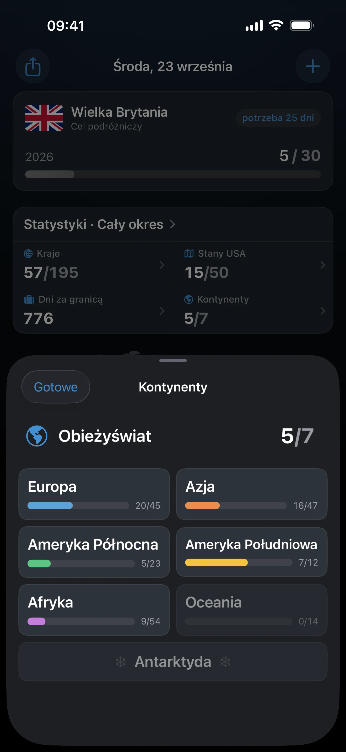 Arkusz „Kontynenty” w AtlasDays otwarty ze statystyk na ekranie Przegląd: 5 z 7 kontynentów, w tym Europa 20 z 45, Azja 16 z 47, Ameryka Północna 5 z 23, Ameryka Południowa 7 z 12 i Afryka 9 z 54