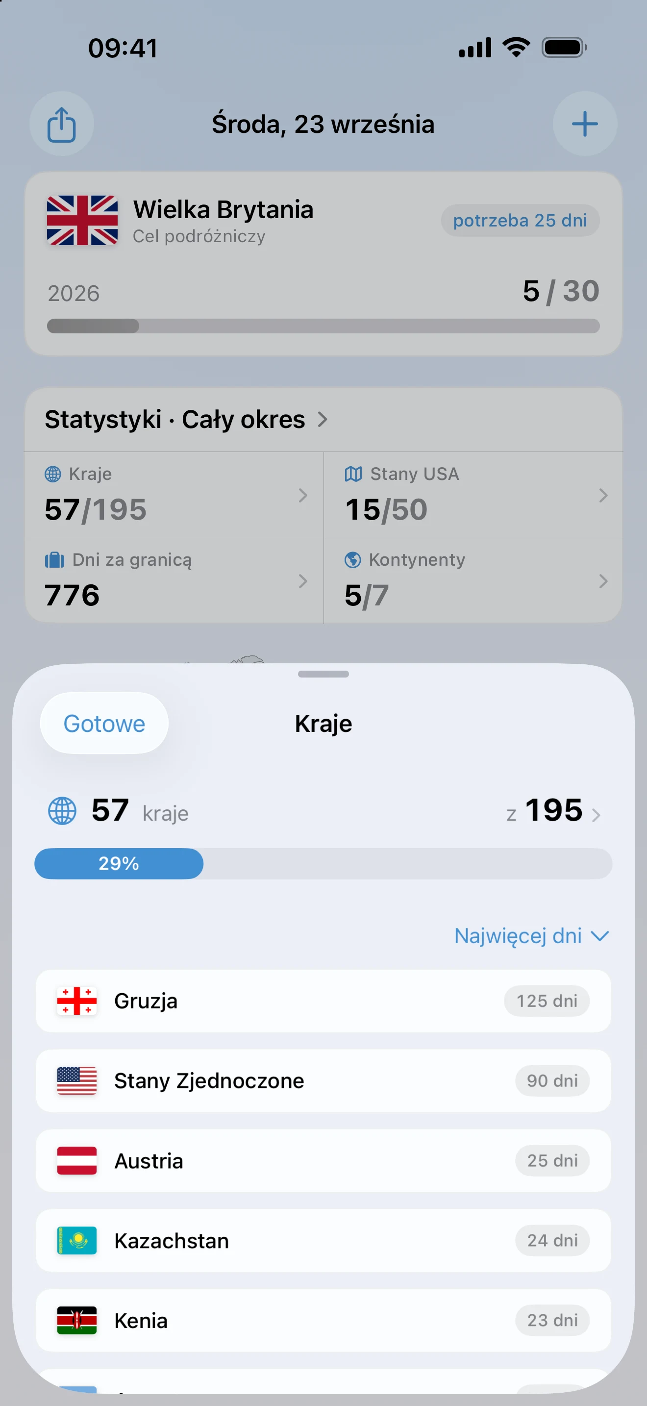 Arkusz „Kraje” w AtlasDays: 57 ze 195 krajów, 29 procent, posortowane według liczby dni, na czele Gruzja ze 125 dniami i Stany Zjednoczone z 90