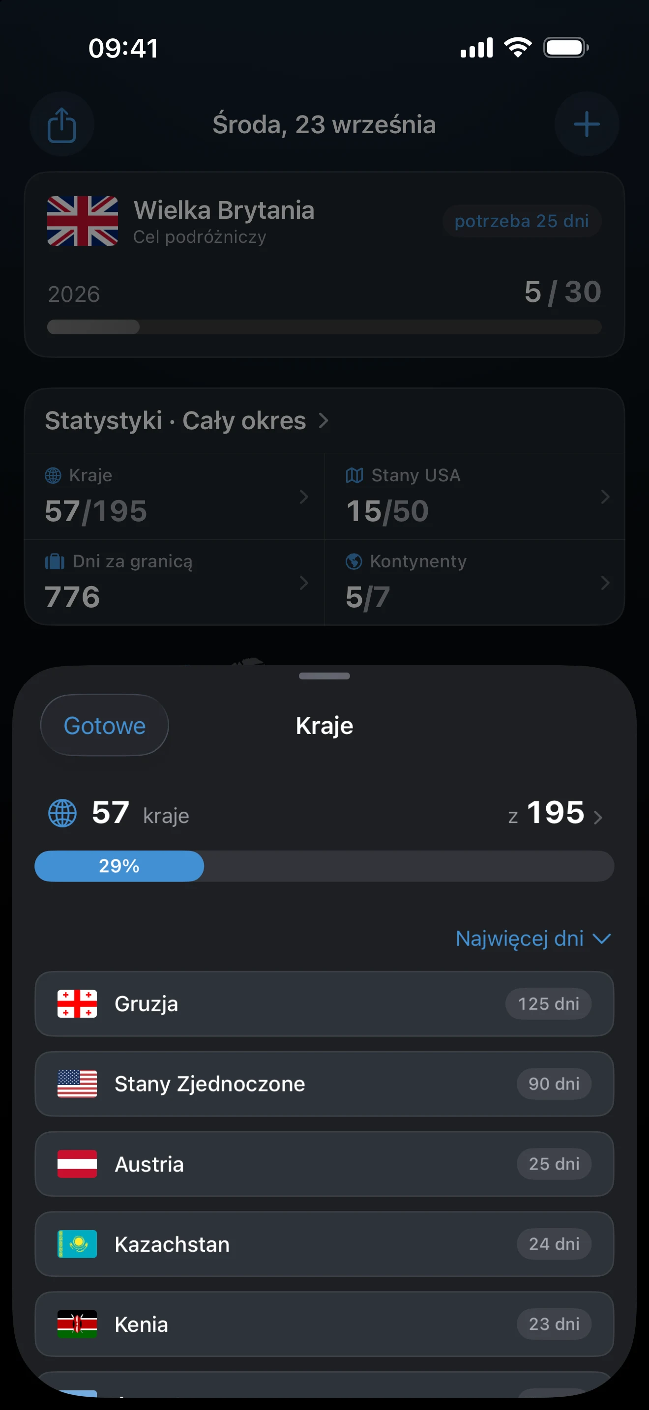 Arkusz „Kraje” w AtlasDays: 57 ze 195 krajów, 29 procent, posortowane według liczby dni, na czele Gruzja ze 125 dniami i Stany Zjednoczone z 90