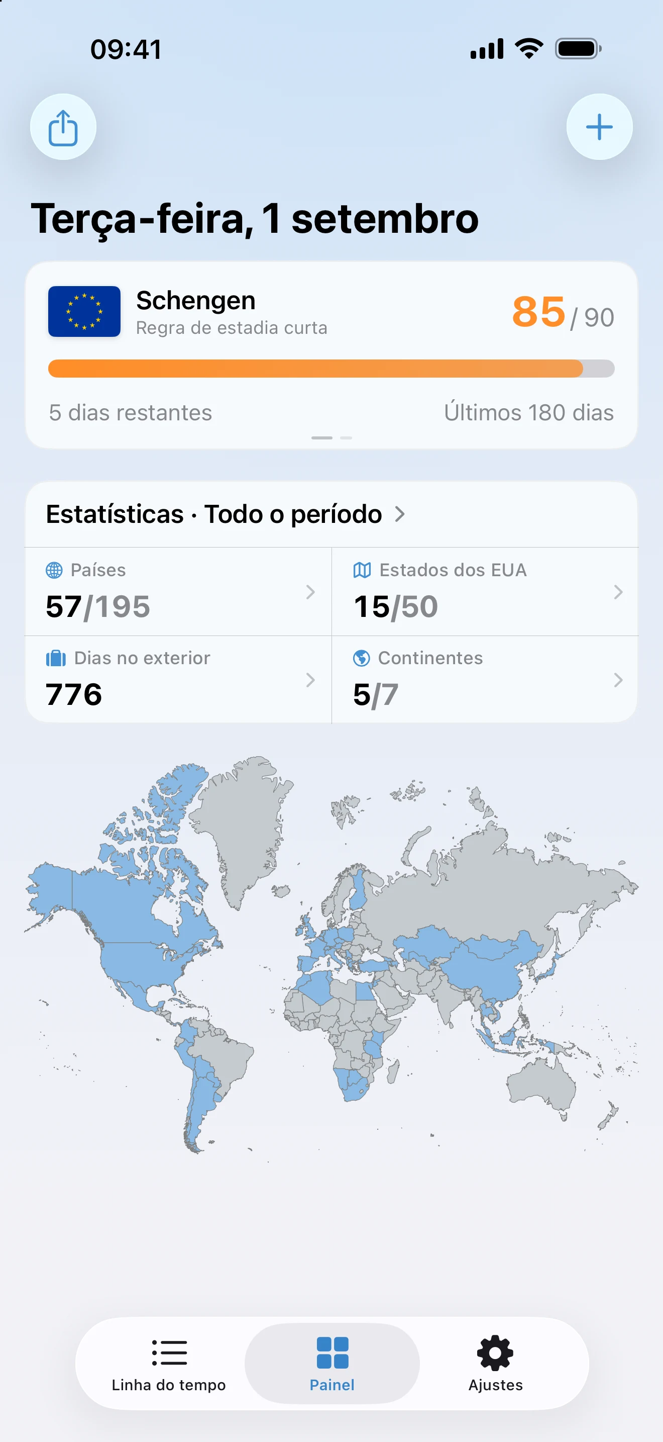 Painel do AtlasDays com o controle de Schengen, as estatísticas de todos os tempos e o mapa-múndi