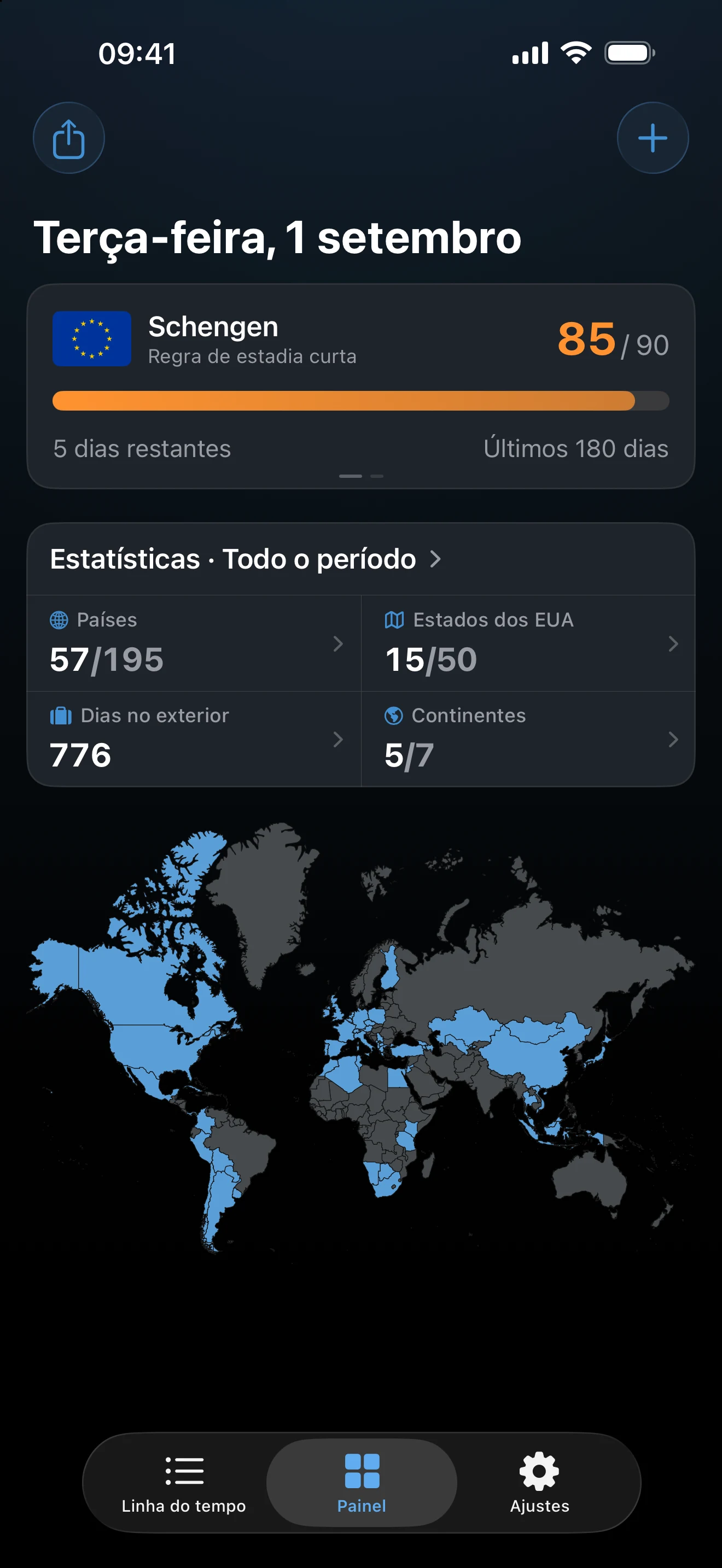 Painel do AtlasDays com o controle de Schengen, as estatísticas de todos os tempos e o mapa-múndi