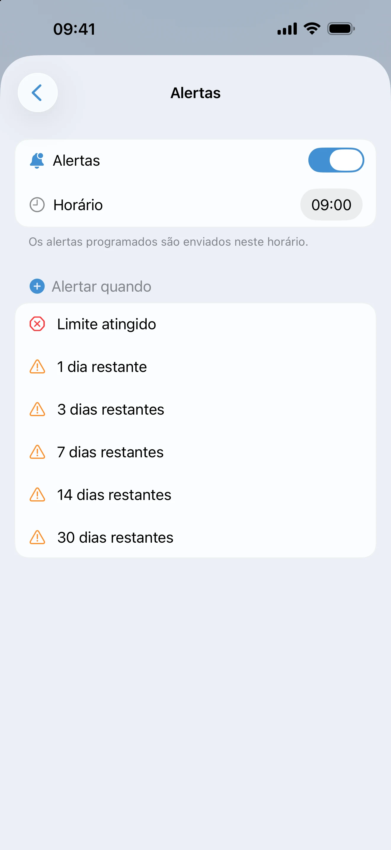 Ajustes de alertas do controle no AtlasDays, com horário de envio e avisos de 30 dias restantes até o limite atingido