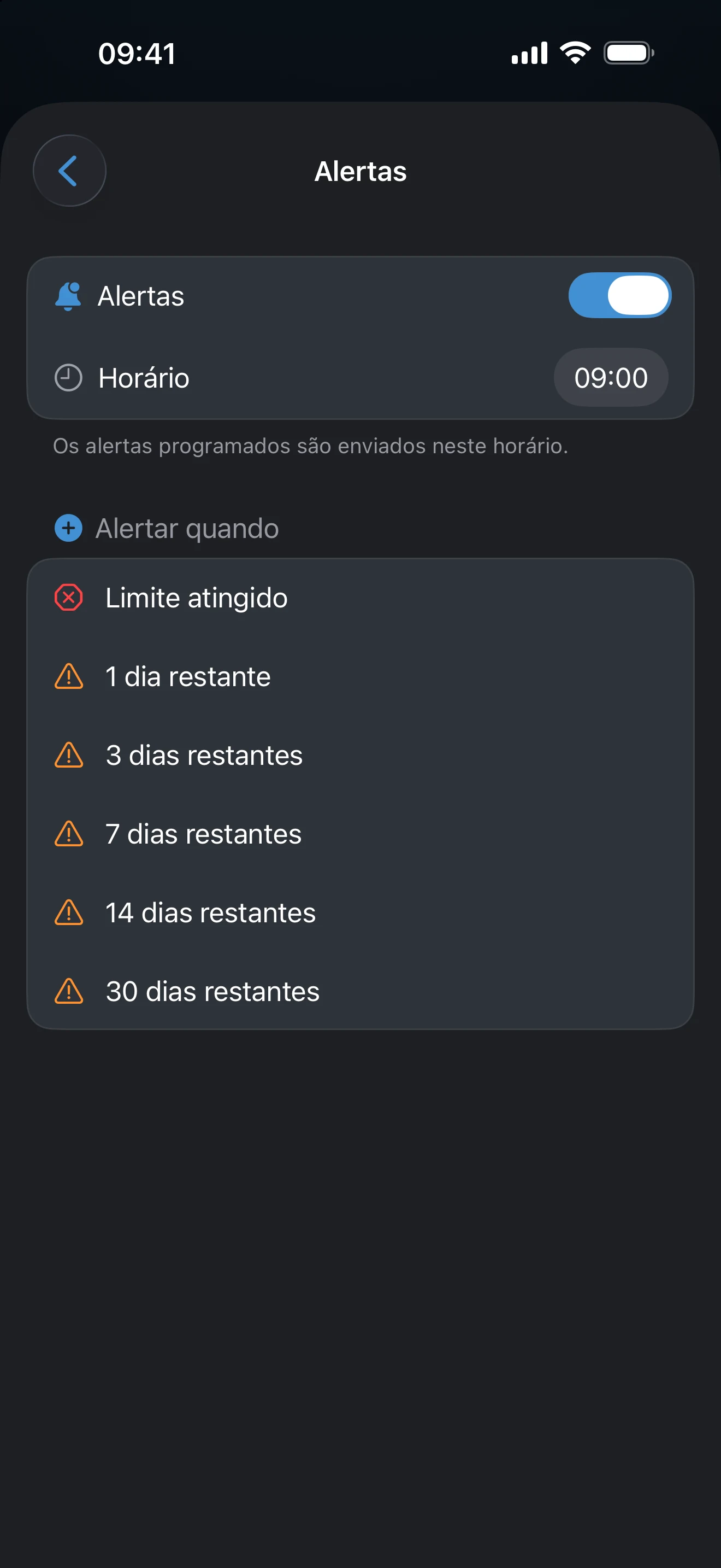 Ajustes de alertas do controle no AtlasDays, com horário de envio e avisos de 30 dias restantes até o limite atingido