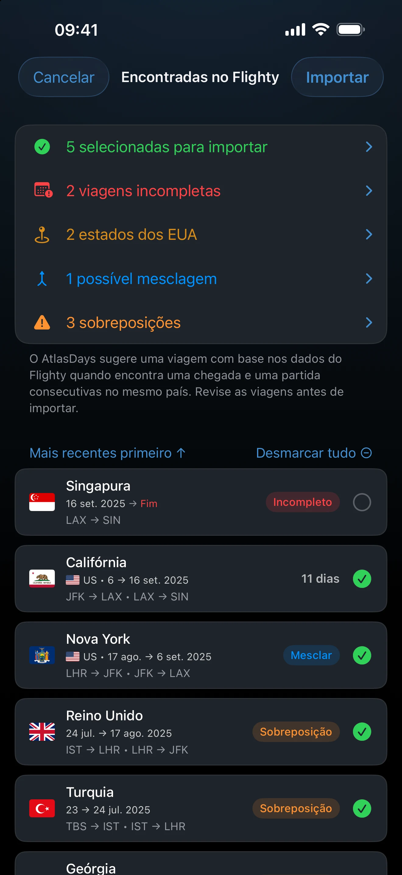 Revisão da importação de um histórico de voos do Flighty no AtlasDays, sinalizando viagens incompletas, estados dos EUA, uma candidata a mesclagem e sobreposições antes de salvar
