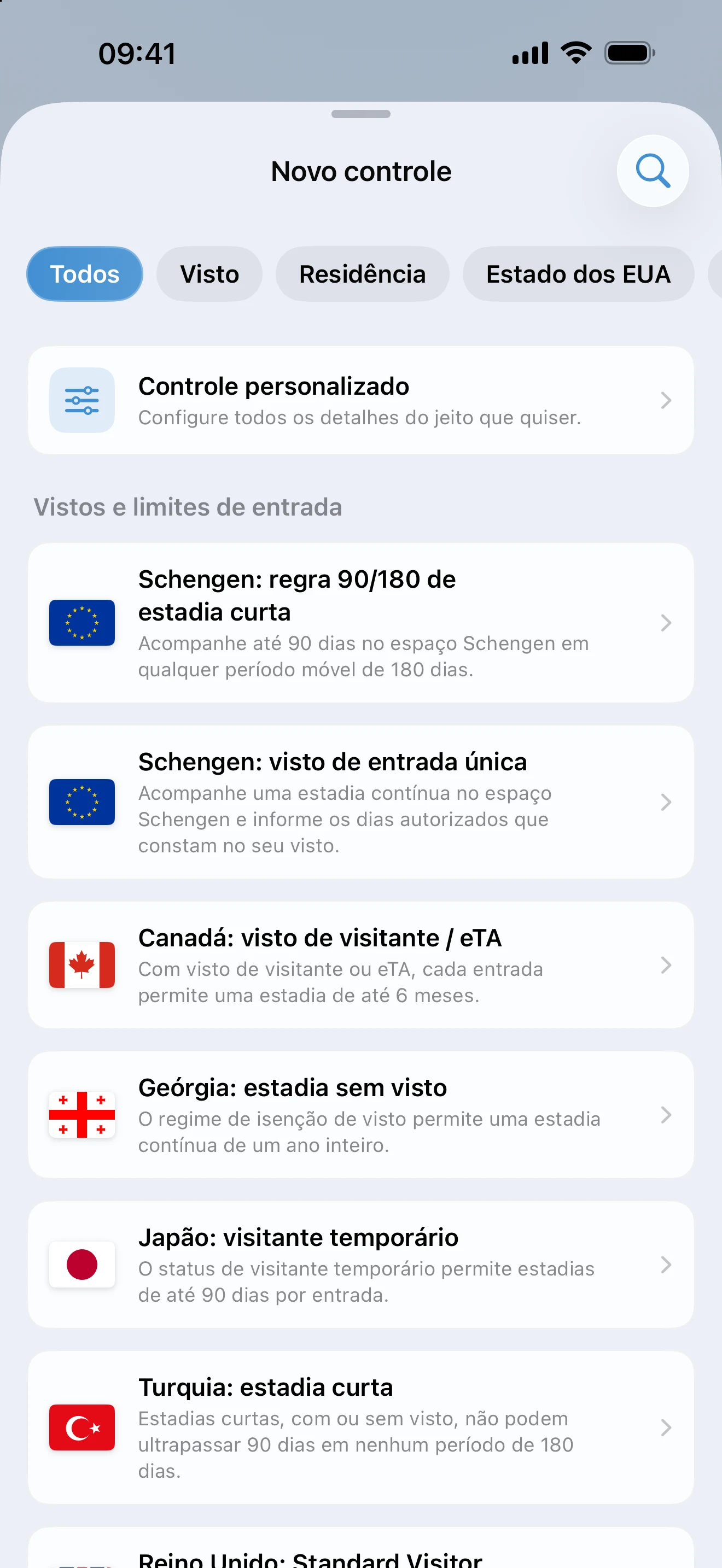 Tela Adicionar um controle do AtlasDays, com filtros de modelos de visto, residência, estado dos EUA e meta de dias acima de uma lista de regras prontas de visto e limite de entrada