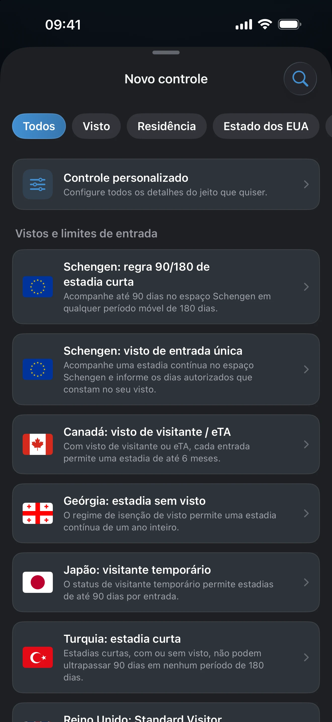 Tela Adicionar um controle do AtlasDays, com filtros de modelos de visto, residência, estado dos EUA e meta de dias acima de uma lista de regras prontas de visto e limite de entrada