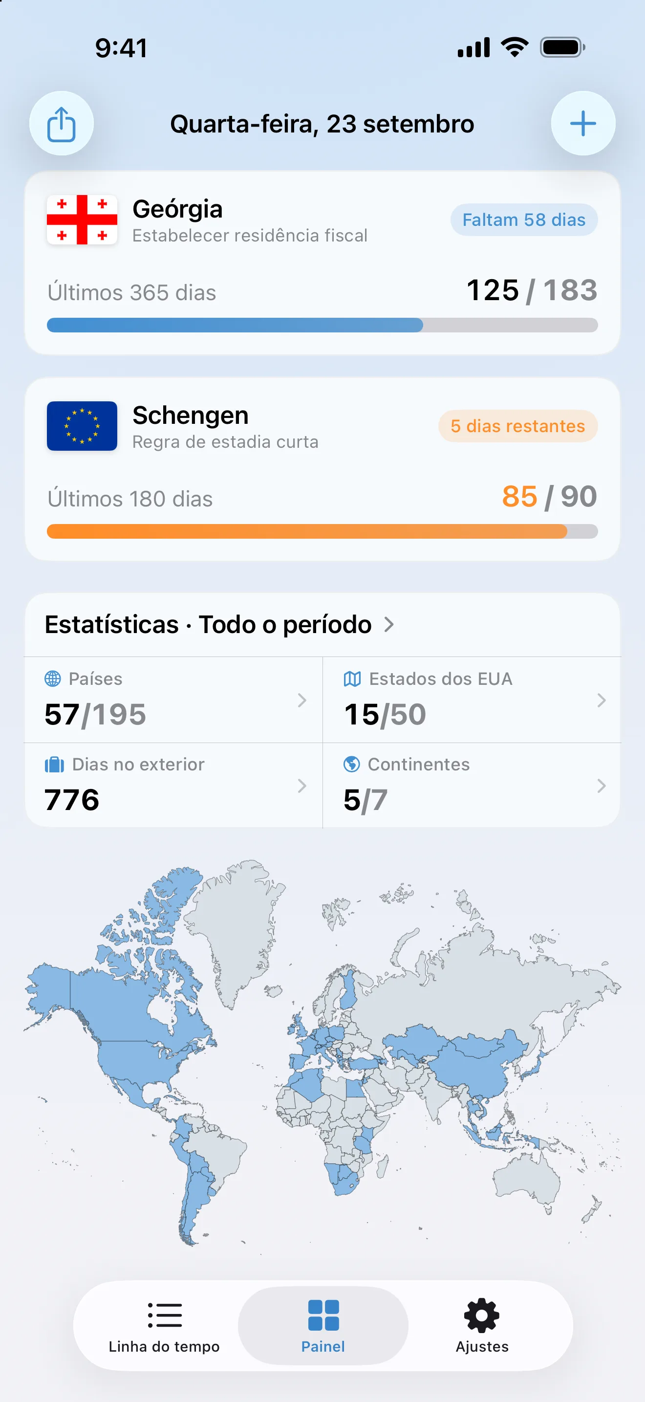 O painel do AtlasDays na quarta-feira, 23 de setembro: um controle de residência da Geórgia, o controle de Schengen em 85 de 90 dias, as estatísticas de todos os tempos e o mapa-múndi dos países visitados