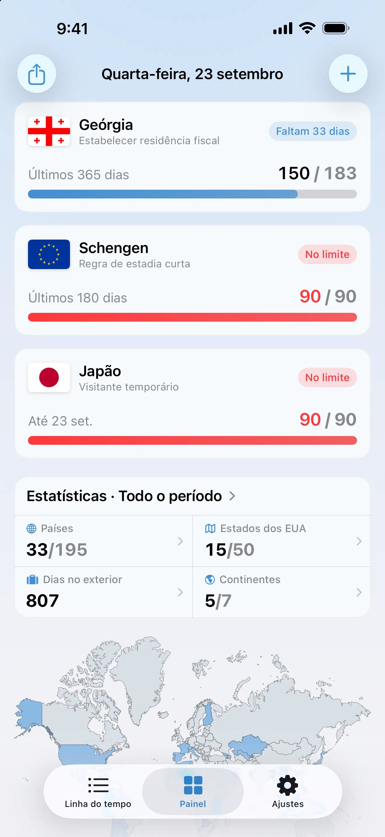 O painel do AtlasDays com os controles de Schengen e de visitante do Japão, ambos vermelhos em 90 de 90 dias, marcados No limite