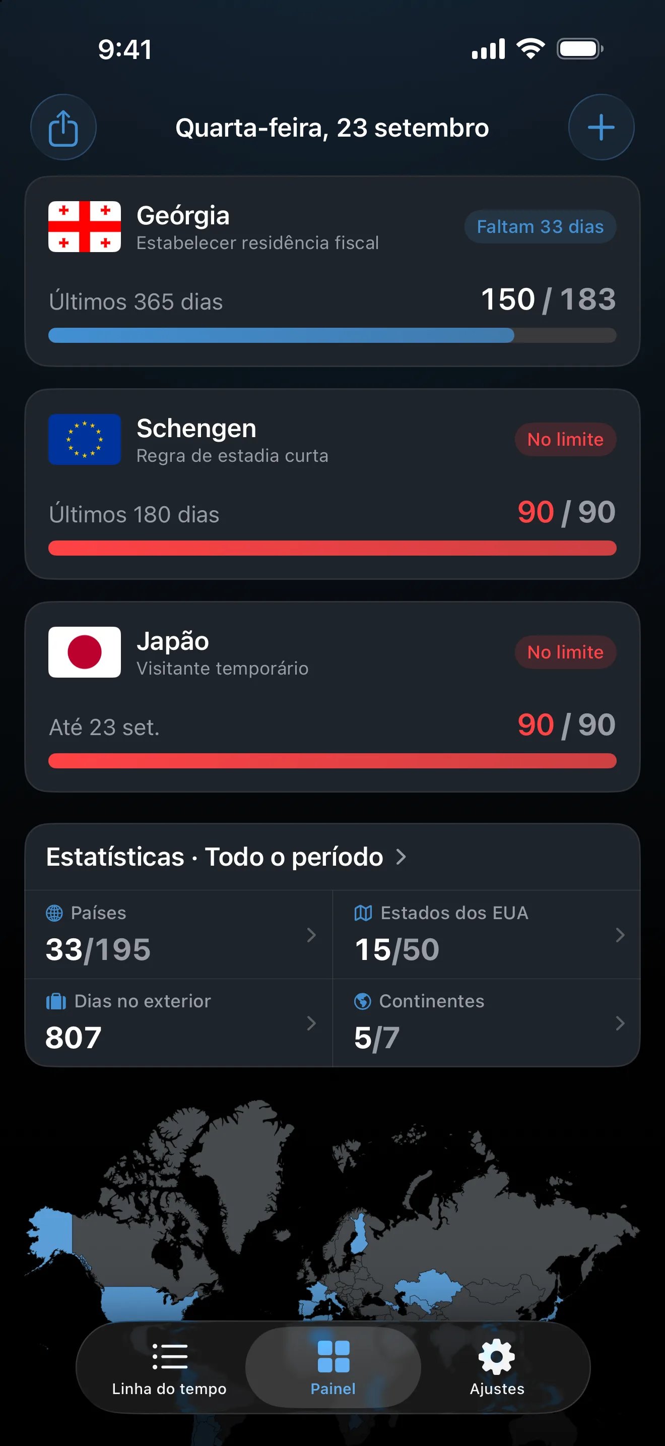 O painel do AtlasDays com os controles de Schengen e de visitante do Japão, ambos vermelhos em 90 de 90 dias, marcados No limite