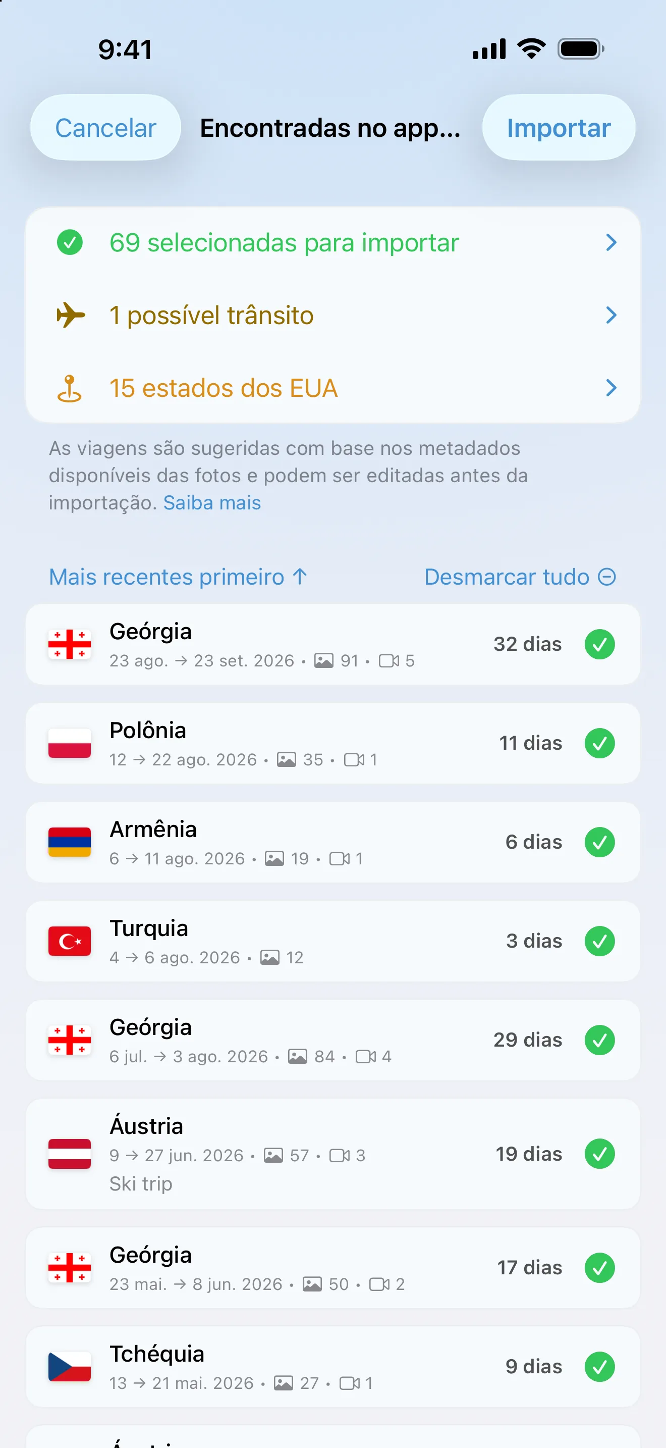 Revisão da Importação de Fotos: viagens encontradas na fototeca, prontas para você conferir antes de salvar
