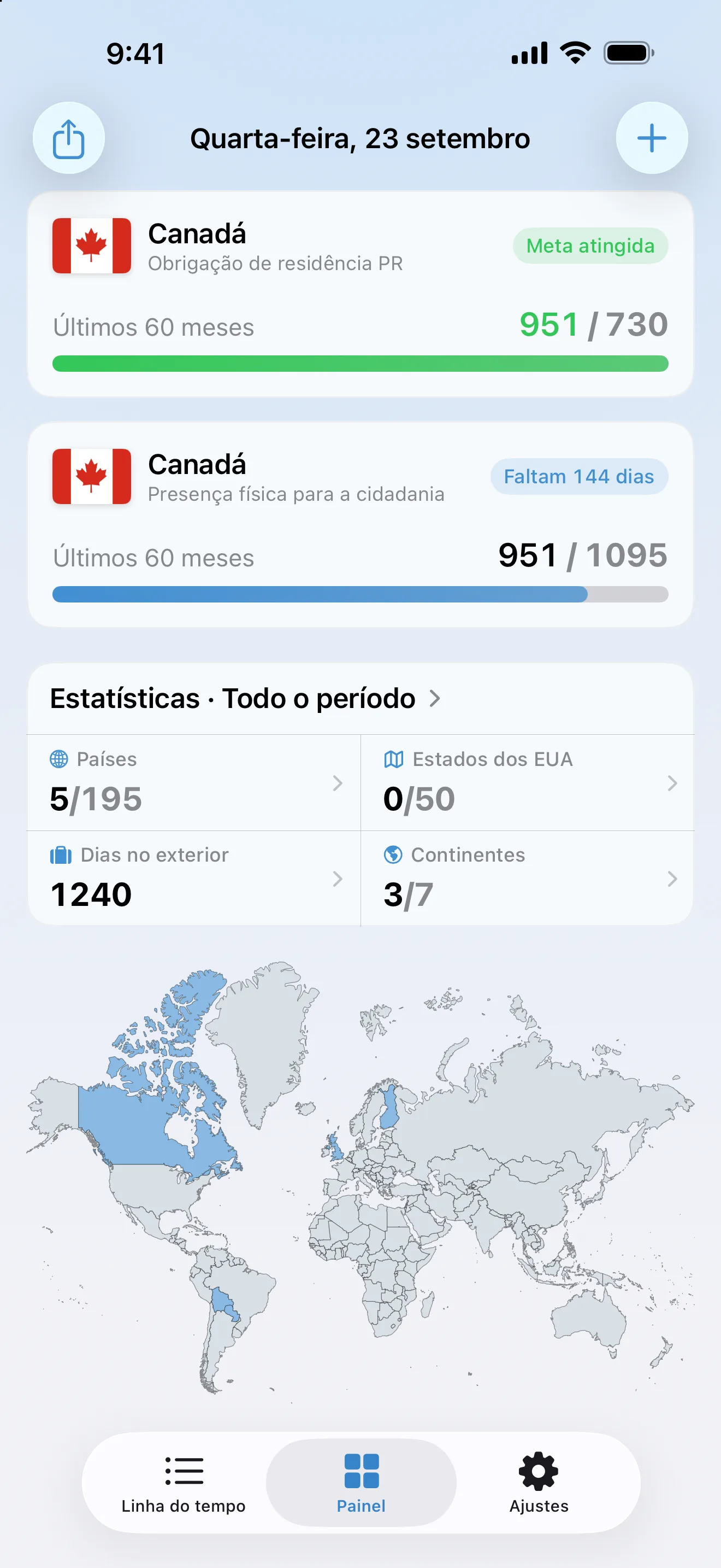 O painel do AtlasDays com dois controles do Canadá: a obrigação de residência PR atingida em 951 de 730 dias, e a presença física para a cidadania em 951 de 1.095, com 144 dias necessários
