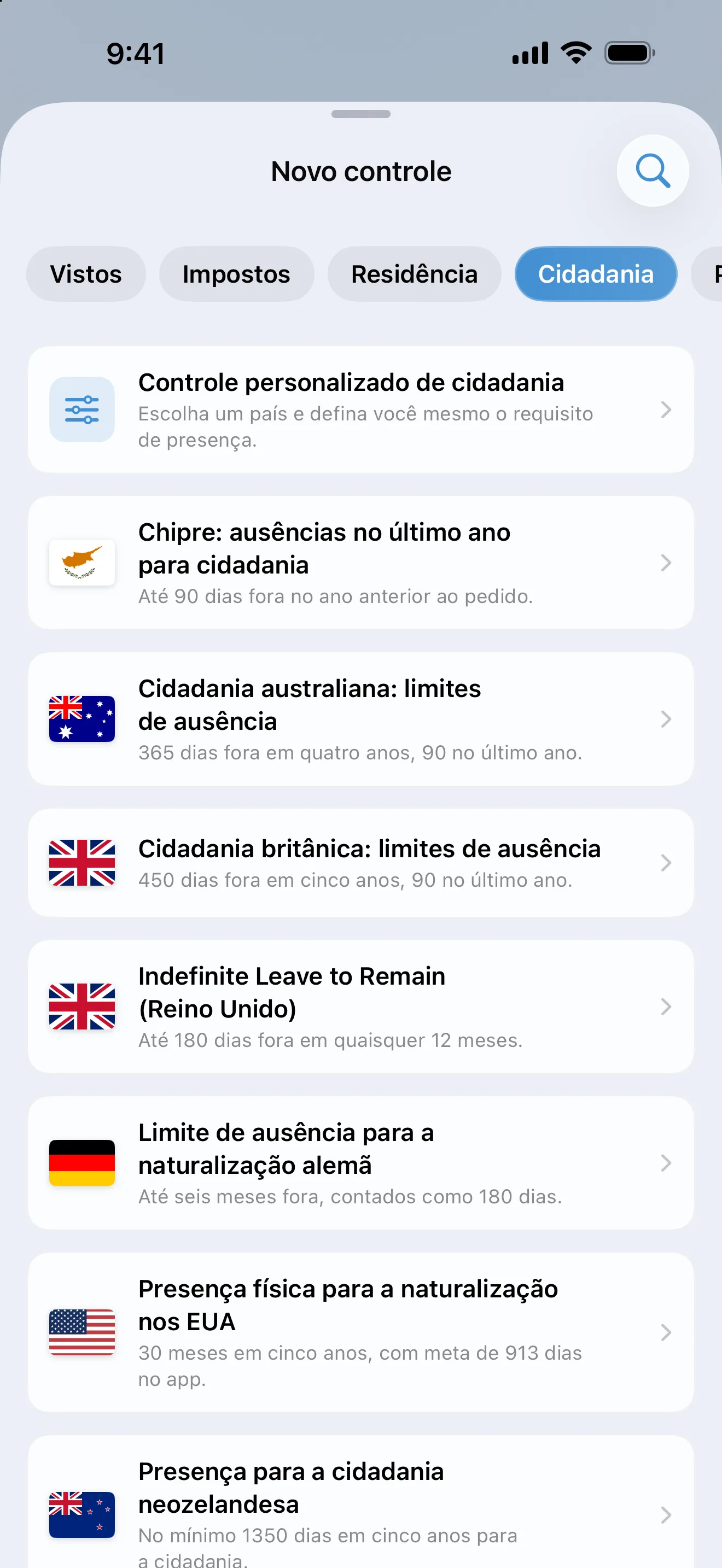 A tela Adicionar um controle do AtlasDays filtrada por Cidadania, listando modelos para Austrália, Chipre, Alemanha, Nova Zelândia, Reino Unido e EUA