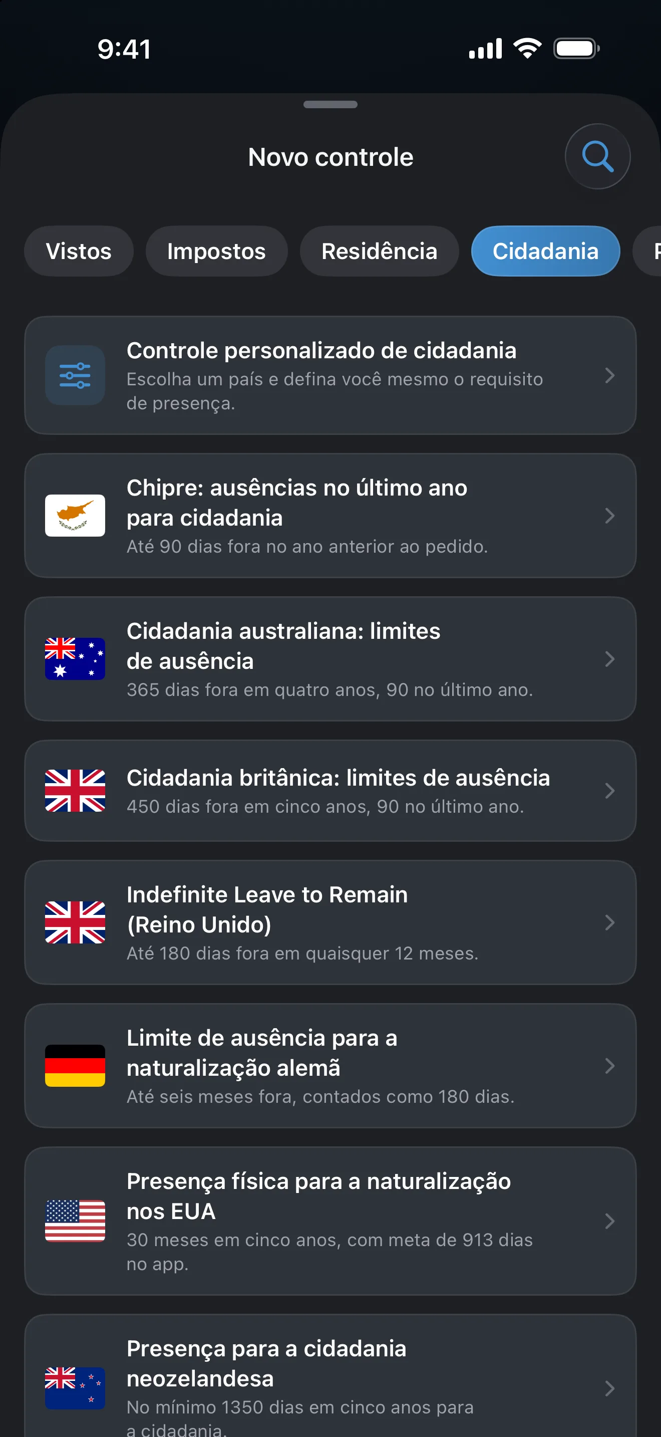 A tela Adicionar um controle do AtlasDays filtrada por Cidadania, listando modelos para Austrália, Chipre, Alemanha, Nova Zelândia, Reino Unido e EUA