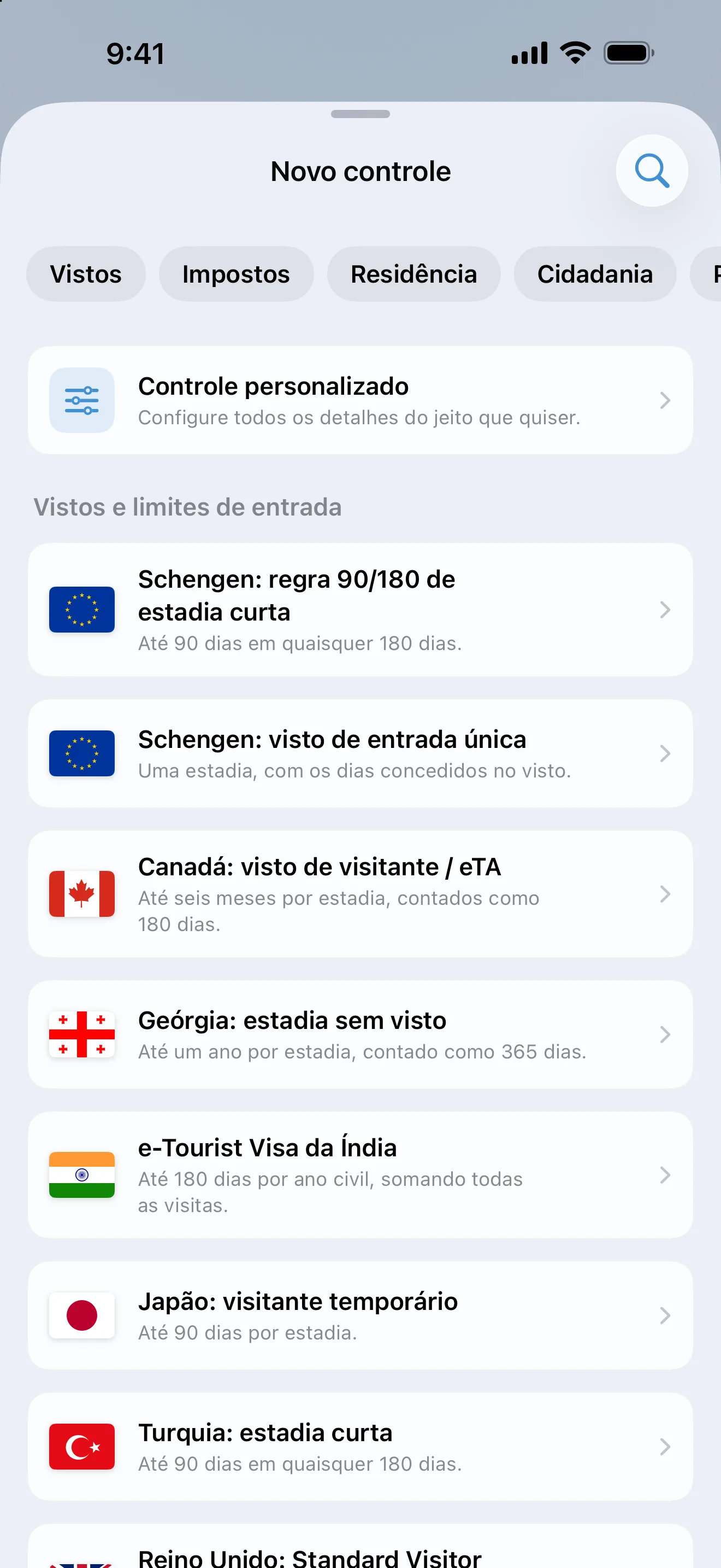 A tela Adicionar um controle do AtlasDays, com filtros de vistos, impostos, residência e cidadania acima de regras prontas de visto e limite de entrada