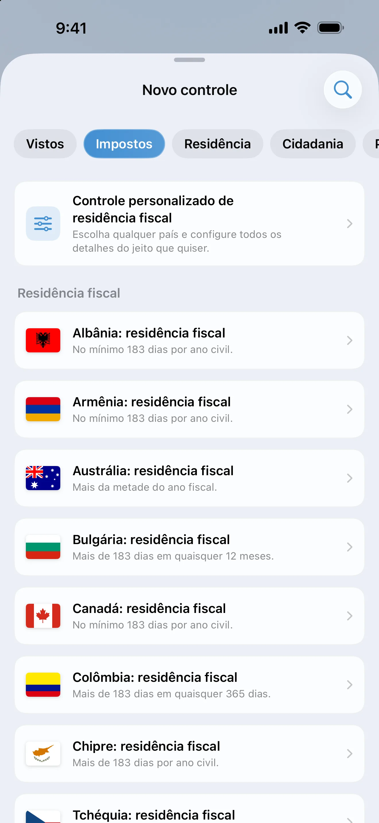 A tela Adicionar um controle do AtlasDays filtrada por Impostos, listando modelos de residência fiscal de Albânia a Tchéquia com seus testes de dias