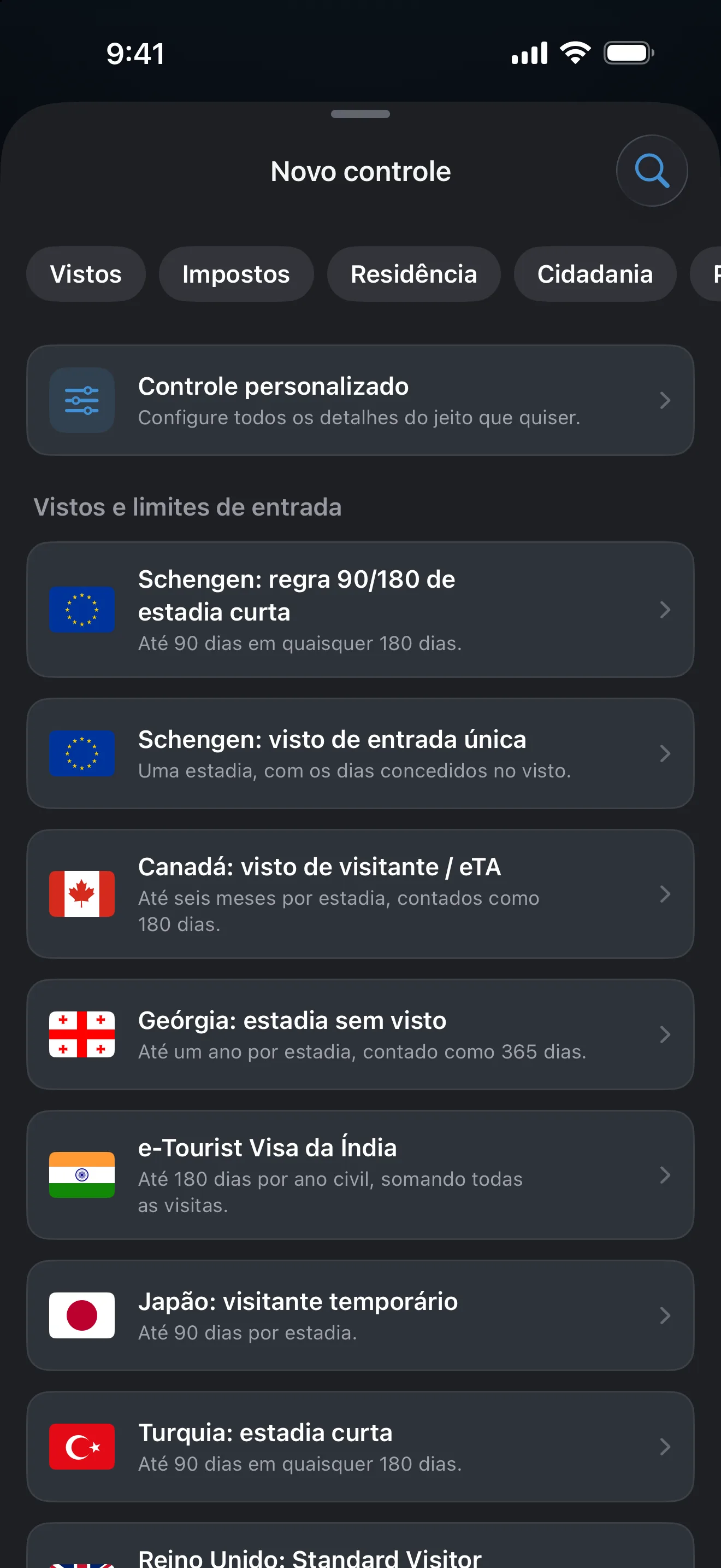 A tela Adicionar um controle do AtlasDays, com filtros de vistos, impostos, residência e cidadania acima de regras prontas de visto e limite de entrada