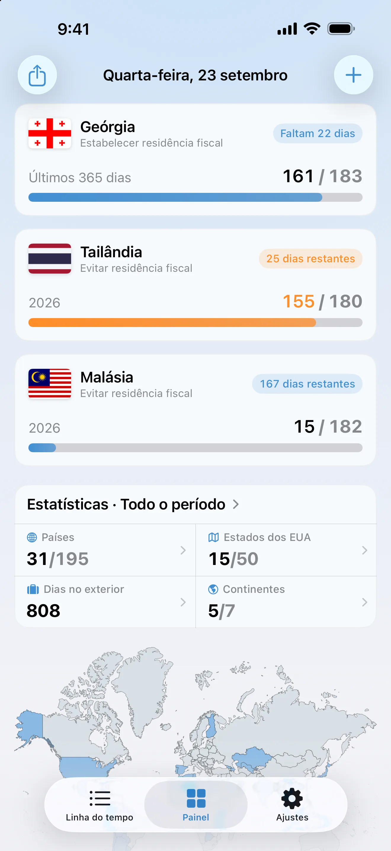 O painel do AtlasDays com três controles de residência fiscal: Geórgia em 161 de 183 dias, com 22 dias necessários, Tailândia laranja em 155 de 180 e Malásia em 15 de 182