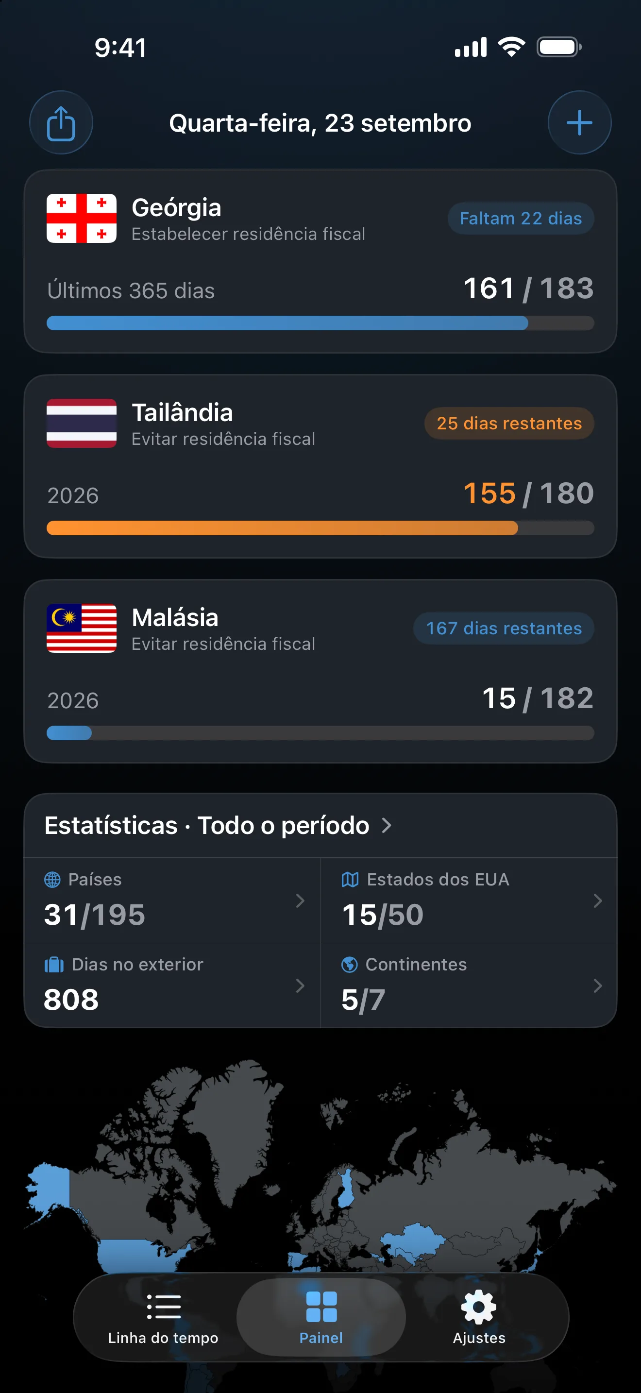 O painel do AtlasDays com três controles de residência fiscal: Geórgia em 161 de 183 dias, com 22 dias necessários, Tailândia laranja em 155 de 180 e Malásia em 15 de 182