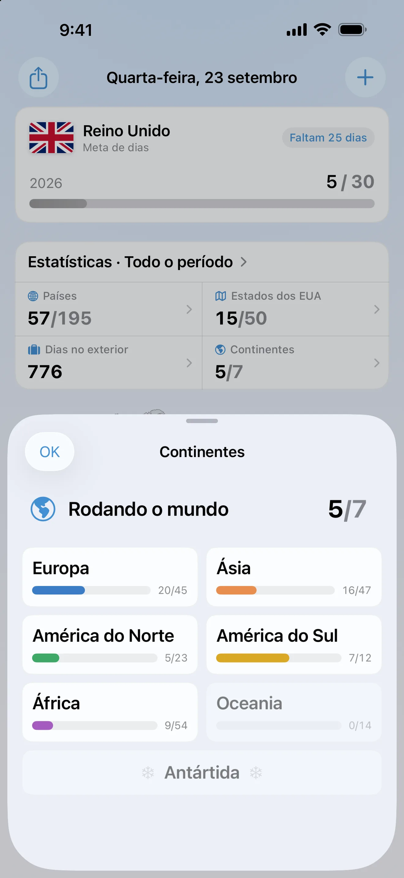 A tela de Continentes do AtlasDays, aberta a partir das estatísticas do painel: 5 de 7 continentes, com Europa 20 de 45, Ásia 16 de 47, América do Norte 5 de 23, América do Sul 7 de 12 e África 9 de 54