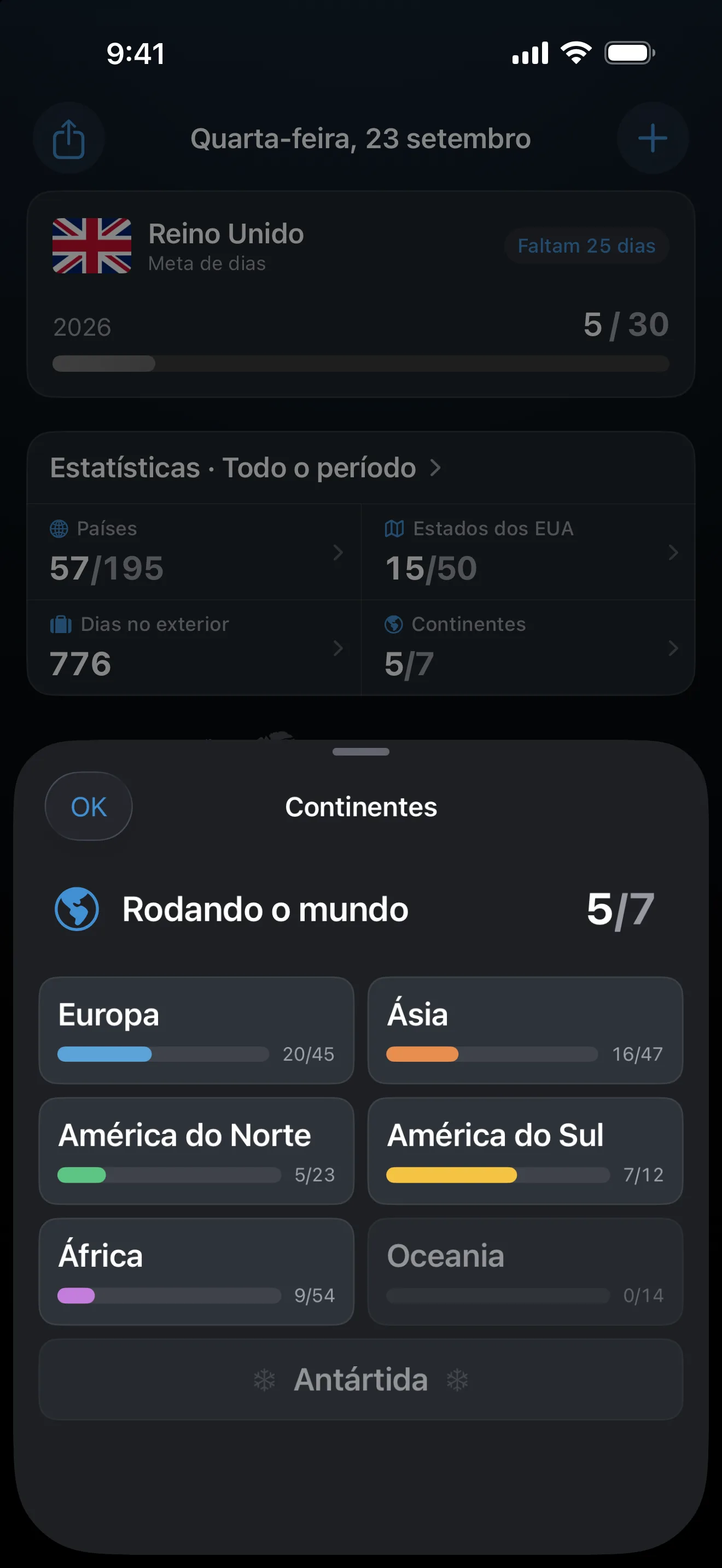 A tela de Continentes do AtlasDays, aberta a partir das estatísticas do painel: 5 de 7 continentes, com Europa 20 de 45, Ásia 16 de 47, América do Norte 5 de 23, América do Sul 7 de 12 e África 9 de 54