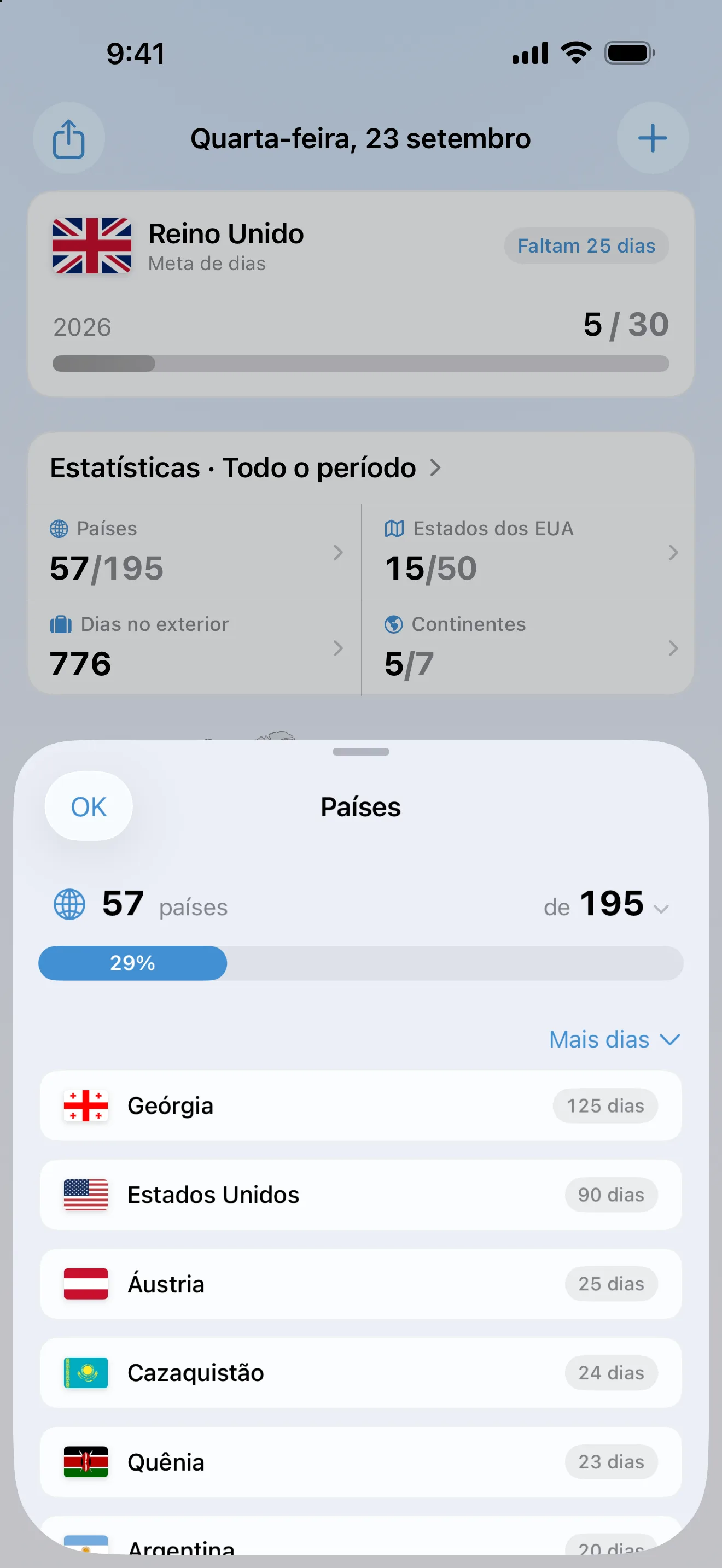 A tela de Países do AtlasDays: 57 de 195 países, 29%, ordenados por mais dias, liderados pela Geórgia com 125 dias e os Estados Unidos com 90