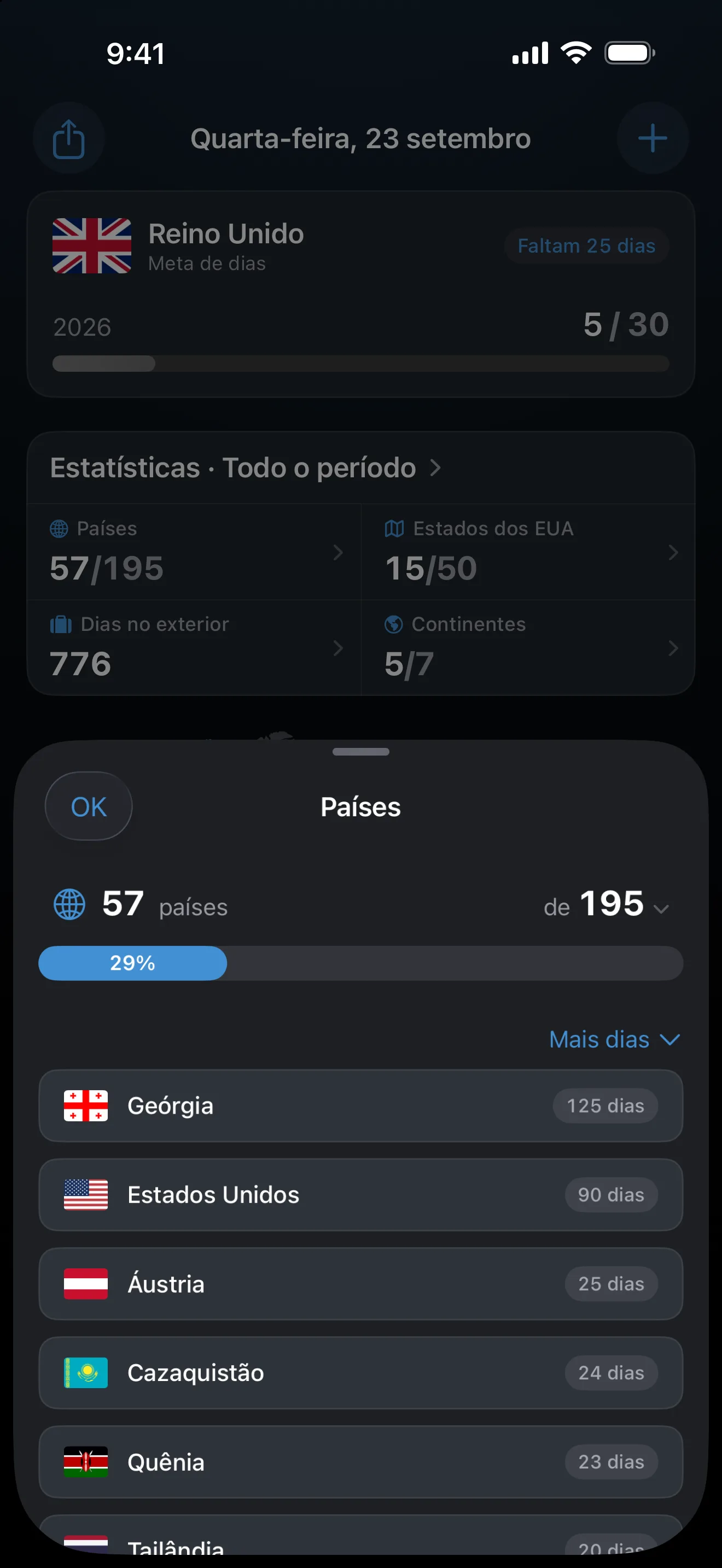 A tela de Países do AtlasDays: 57 de 195 países, 29%, ordenados por mais dias, liderados pela Geórgia com 125 dias e os Estados Unidos com 90