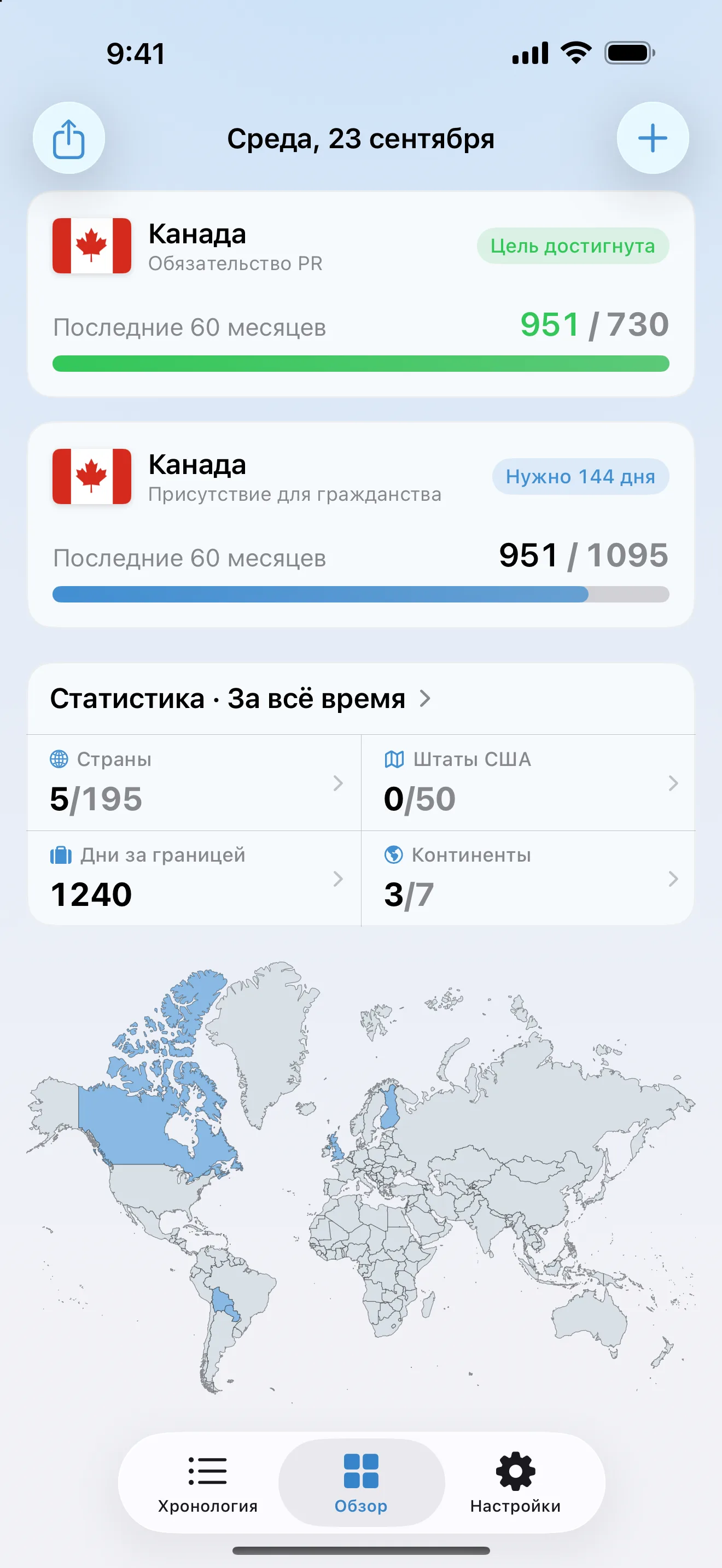 Обзор AtlasDays с двумя трекерами Канады: обязательство о проживании PR достигнуто на уровне 951 из 730 дней, а физическое присутствие для гражданства — на уровне 951 из 1 095, нужно ещё 144 дня