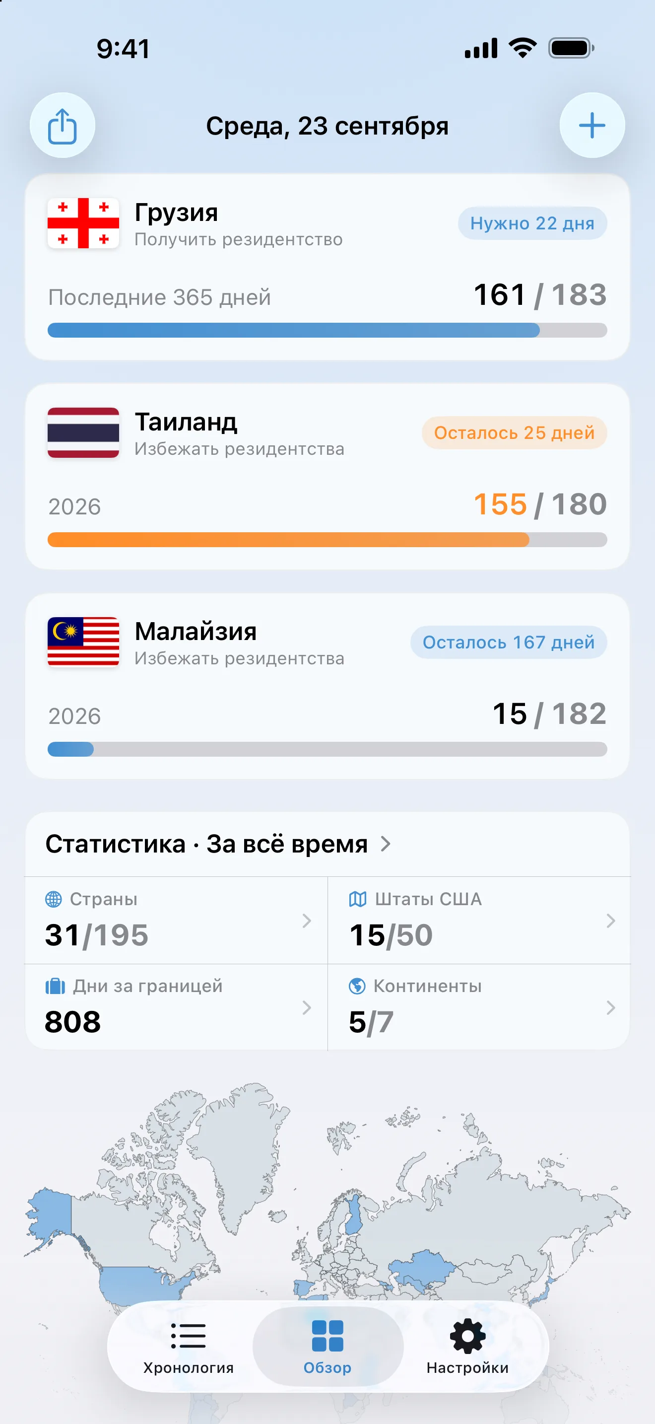 Обзор AtlasDays с тремя трекерами налогового резидентства: Грузия на уровне 161 из 183 дней, ещё нужно 22 дня, Таиланд оранжевый на уровне 155 из 180, и Малайзия на уровне 15 из 182