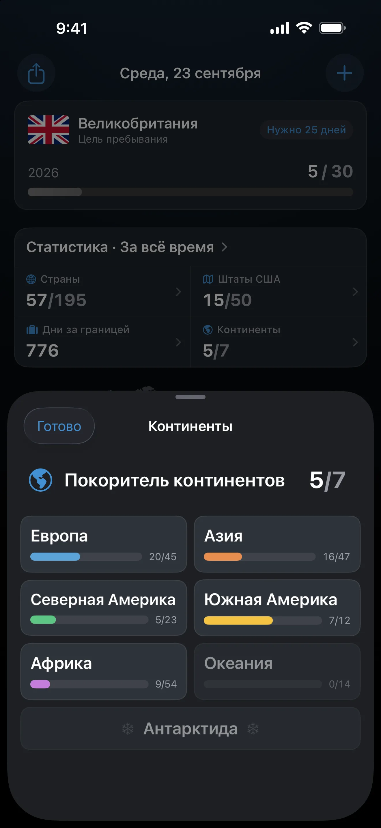 Экран «Континенты» AtlasDays, открытый из статистики обзора: 5 из 7 континентов — Европа 20 из 45, Азия 16 из 47, Северная Америка 5 из 23, Южная Америка 7 из 12 и Африка 9 из 54