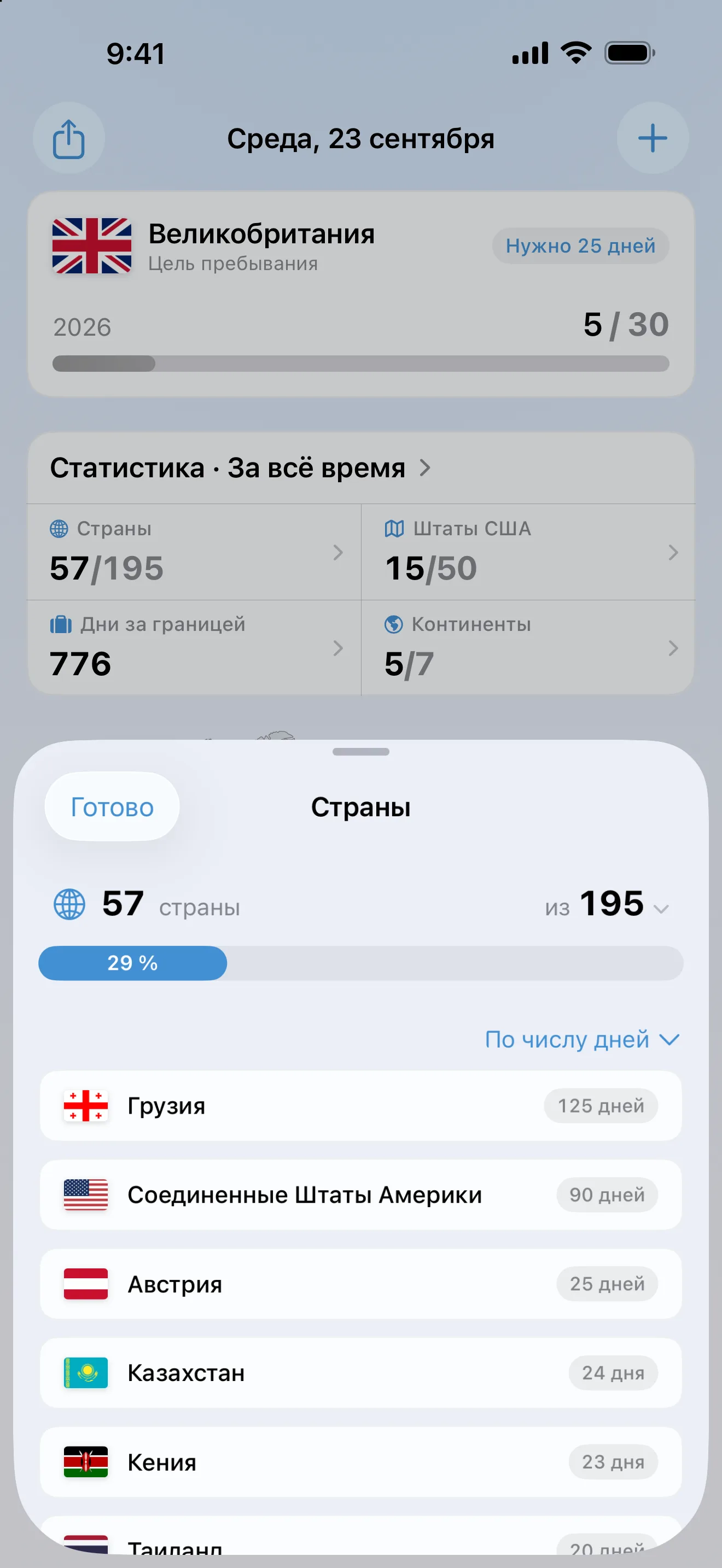 Экран «Страны» AtlasDays: 57 из 195 стран, 29%, с сортировкой по количеству дней — на первом месте Грузия со 125 днями и США с 90