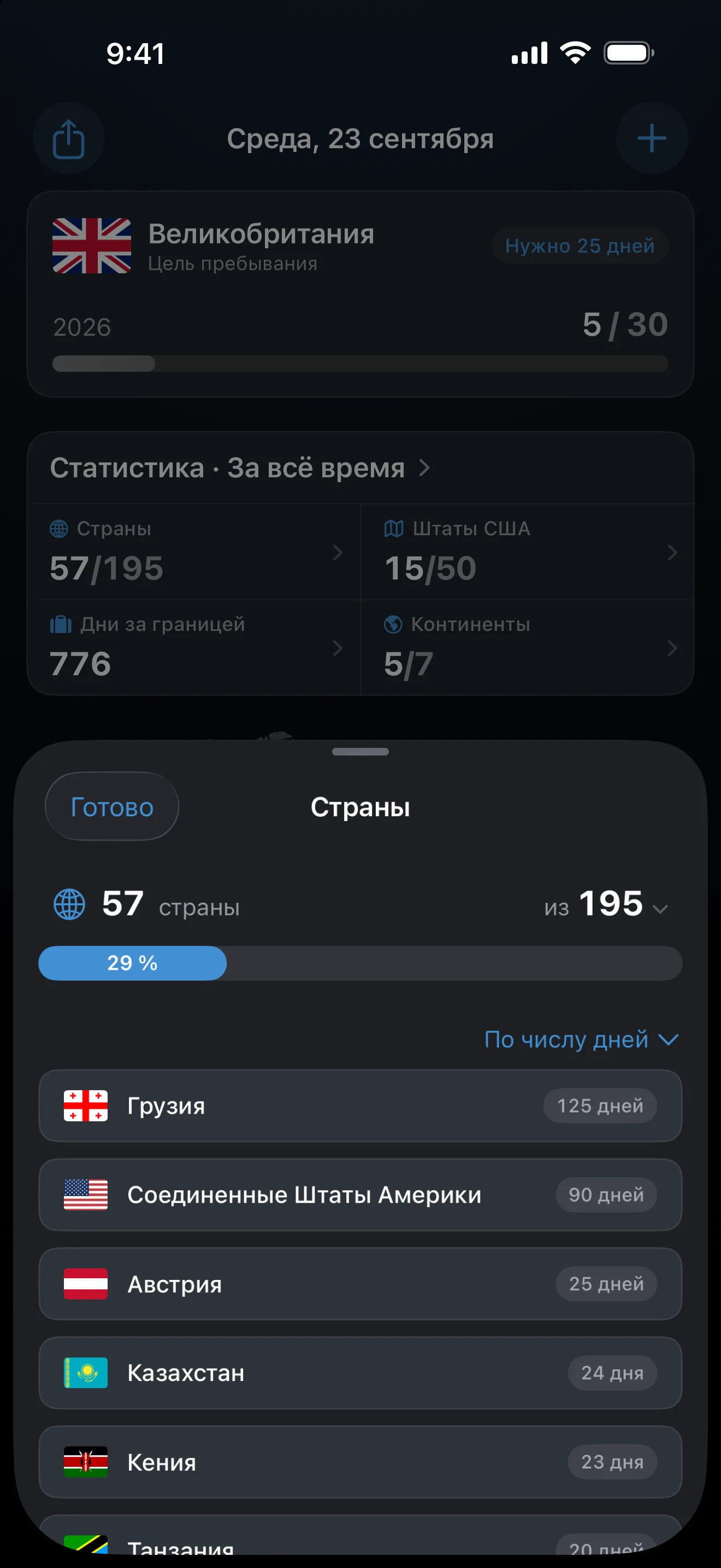 Экран «Страны» AtlasDays: 57 из 195 стран, 29%, с сортировкой по количеству дней — на первом месте Грузия со 125 днями и США с 90