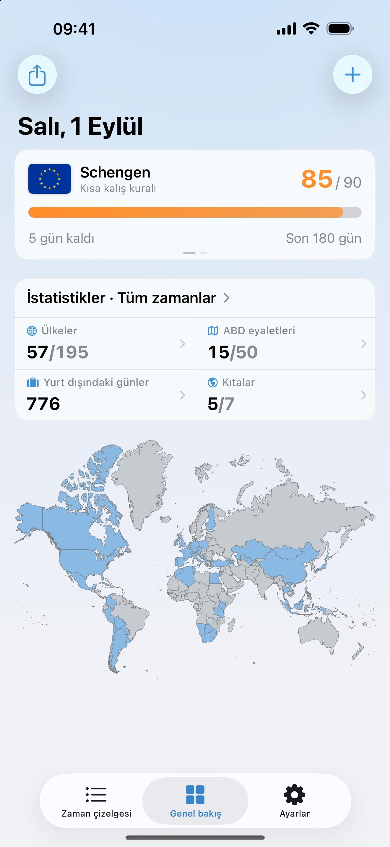 Schengen takibini, tüm zamanların istatistiklerini ve dünya haritasını gösteren AtlasDays genel bakış ekranı