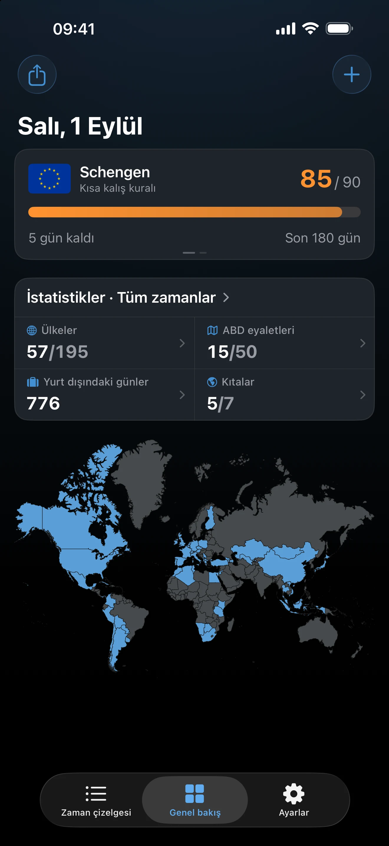 Schengen takibini, tüm zamanların istatistiklerini ve dünya haritasını gösteren AtlasDays genel bakış ekranı