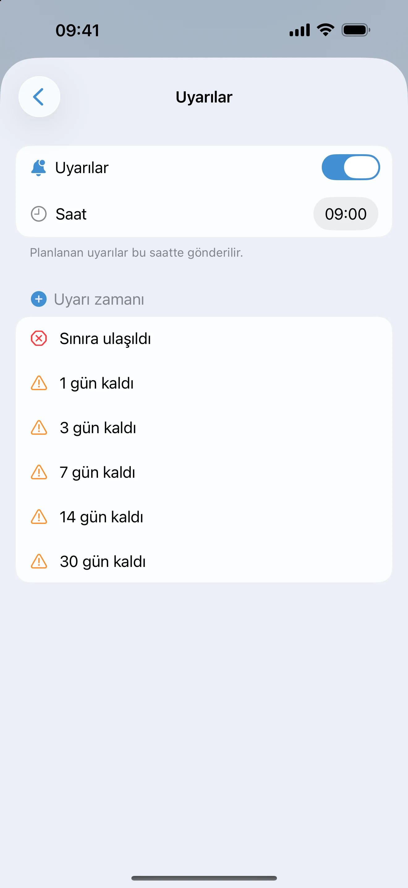 Teslim saatini ve 30 gün kalmasından sınıra ulaşılmasına kadar uyarıları gösteren AtlasDays takip uyarısı ayarları
