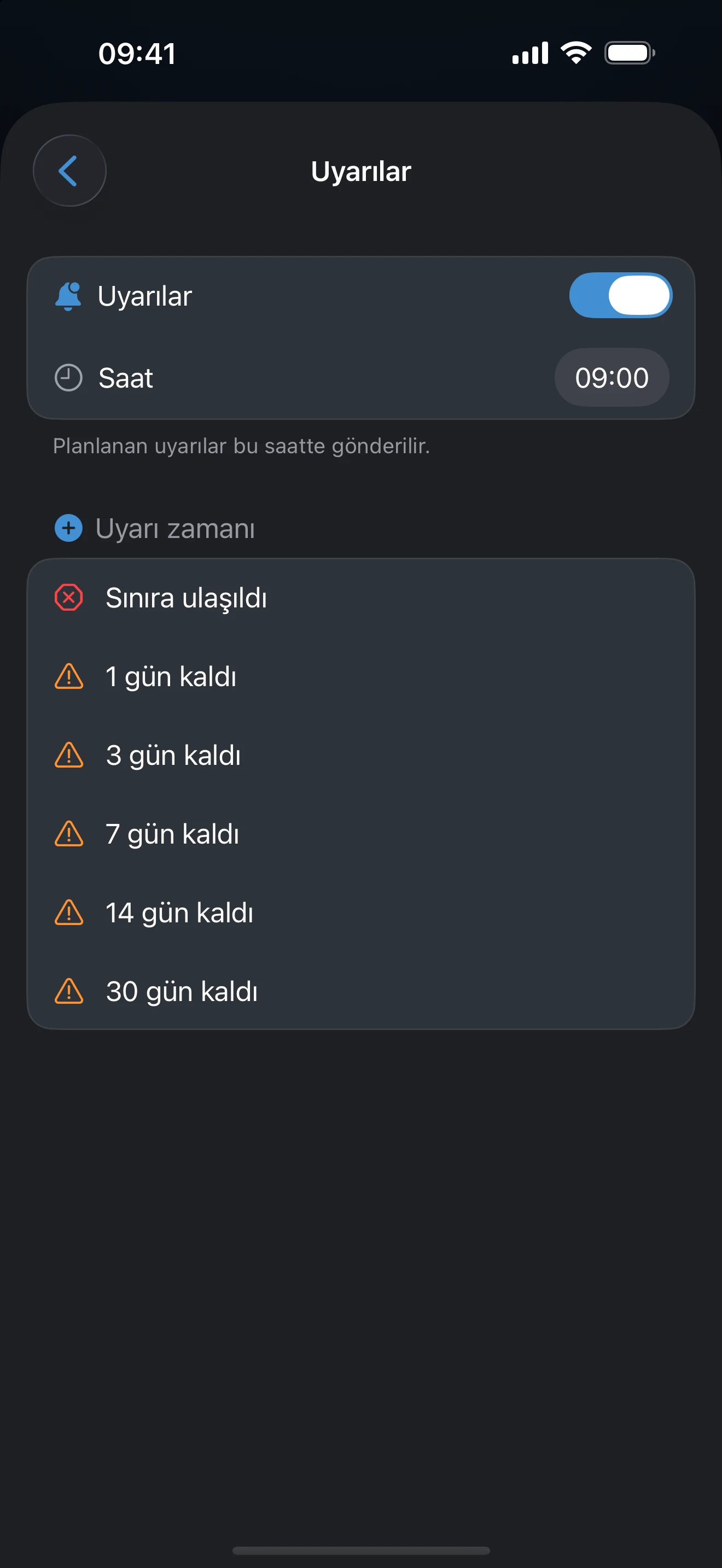 Teslim saatini ve 30 gün kalmasından sınıra ulaşılmasına kadar uyarıları gösteren AtlasDays takip uyarısı ayarları