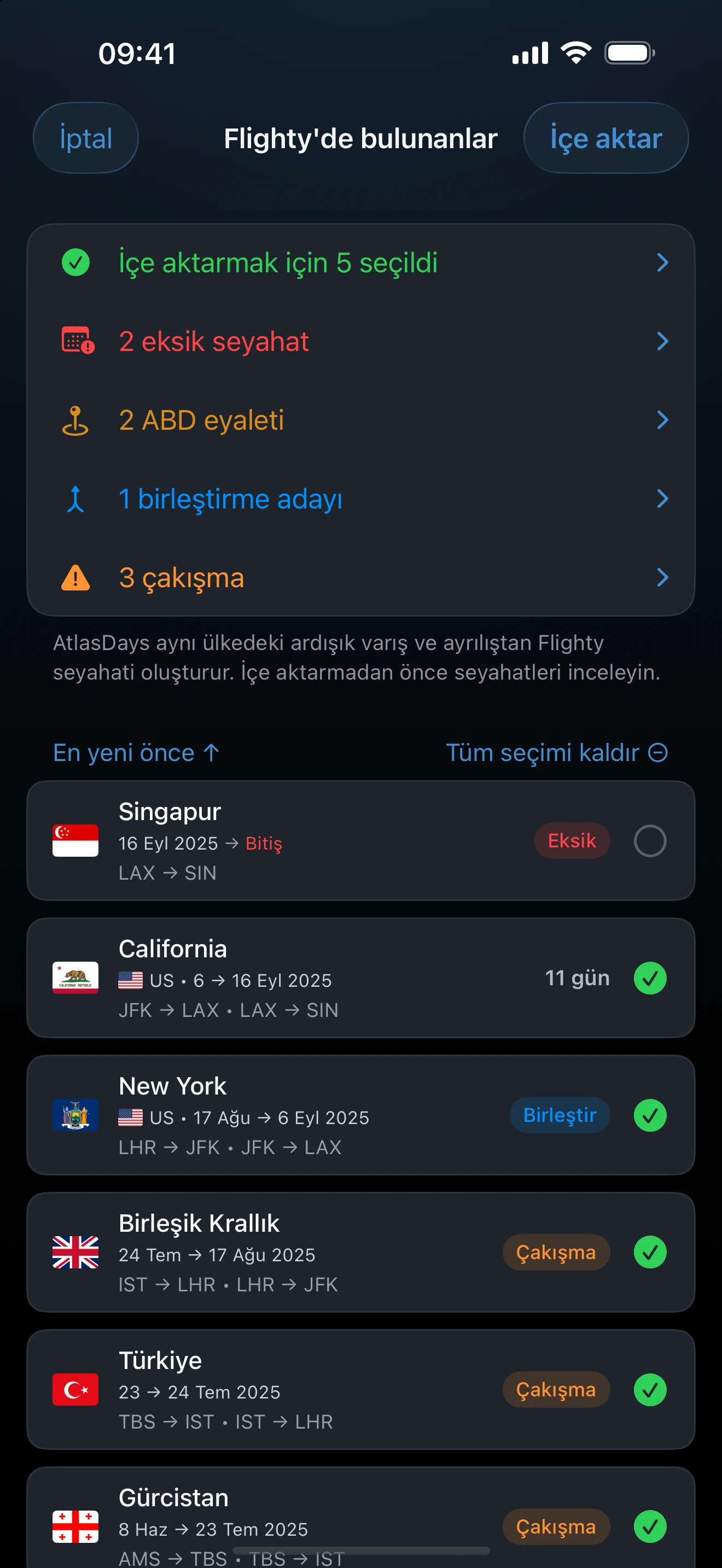 Kaydetmeden önce eksik seyahatleri, ABD eyaletlerini, birleştirme adayını ve çakışmaları işaretleyen AtlasDays Flighty uçuş geçmişi içe aktarma incelemesi