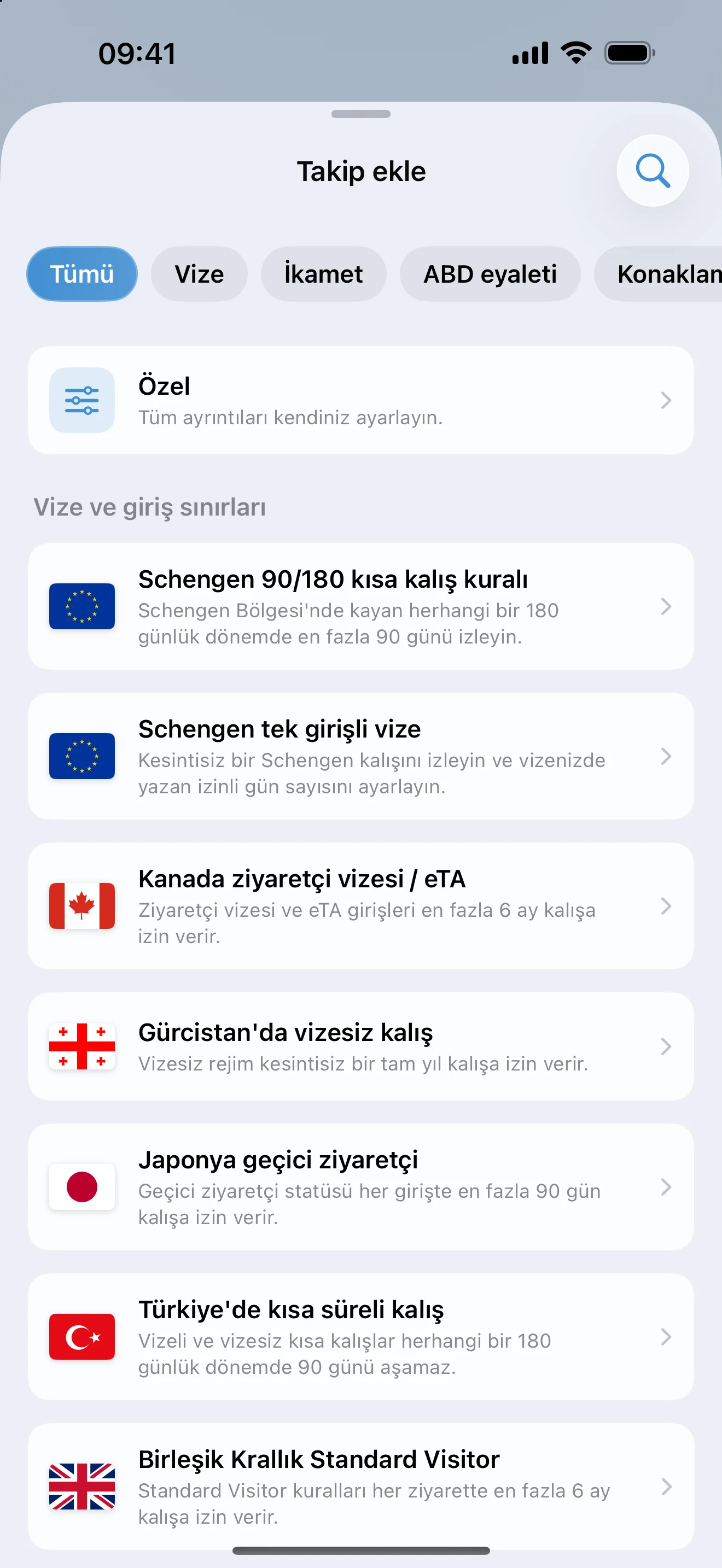 Hazır vize ve giriş sınırı kurallarının üzerinde vize, ikamet, ABD eyaleti ve konaklama hedefi filtrelerini gösteren AtlasDays Takip ekle ekranı