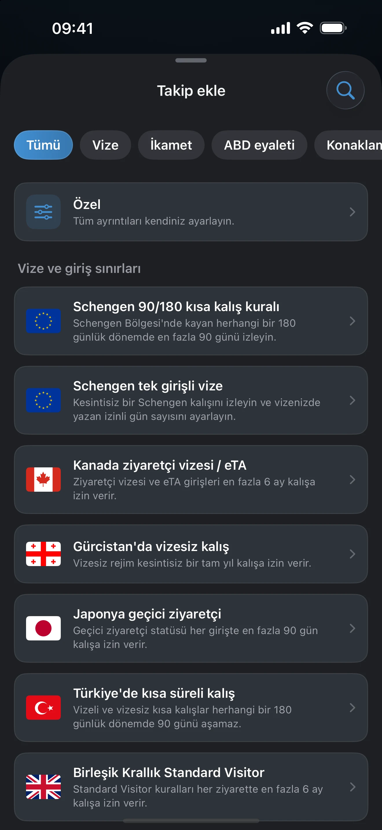 Hazır vize ve giriş sınırı kurallarının üzerinde vize, ikamet, ABD eyaleti ve konaklama hedefi filtrelerini gösteren AtlasDays Takip ekle ekranı