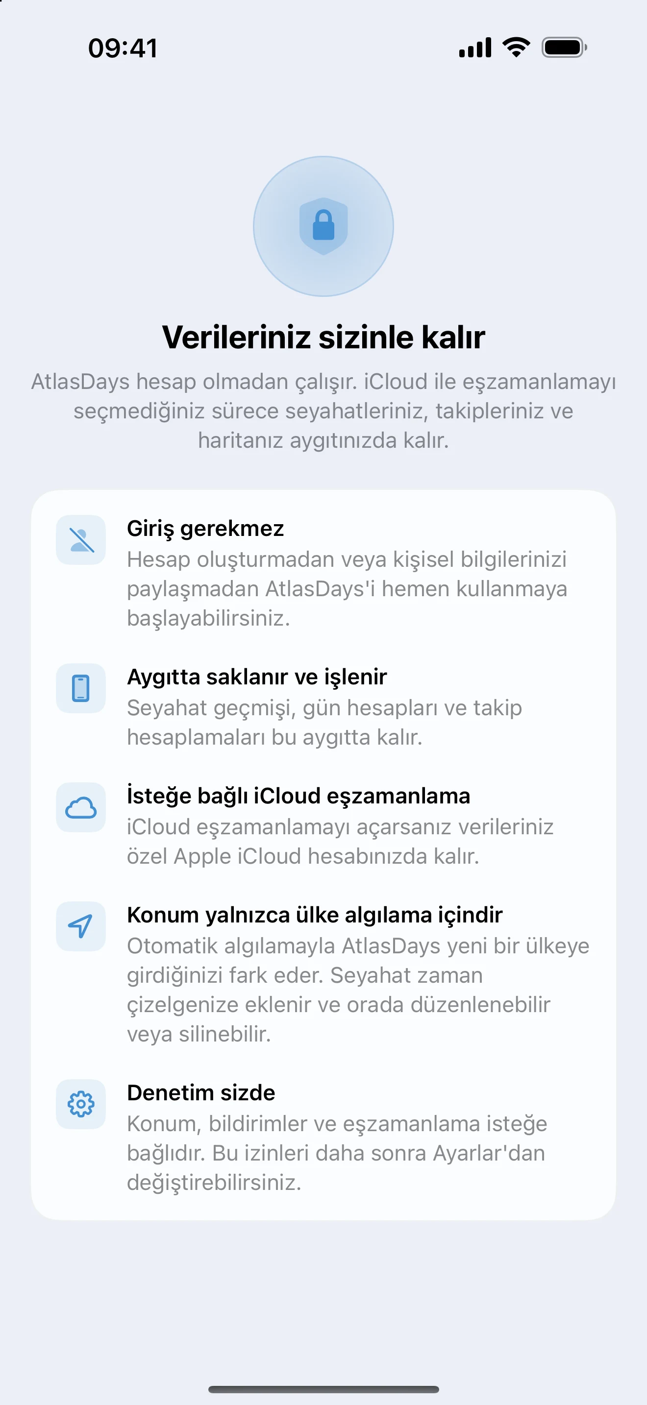 Seyahat verilerinin isteğe bağlı iCloud eşzamanlamayla aygıtta kaldığını açıklayan AtlasDays Gizlilik sayfası