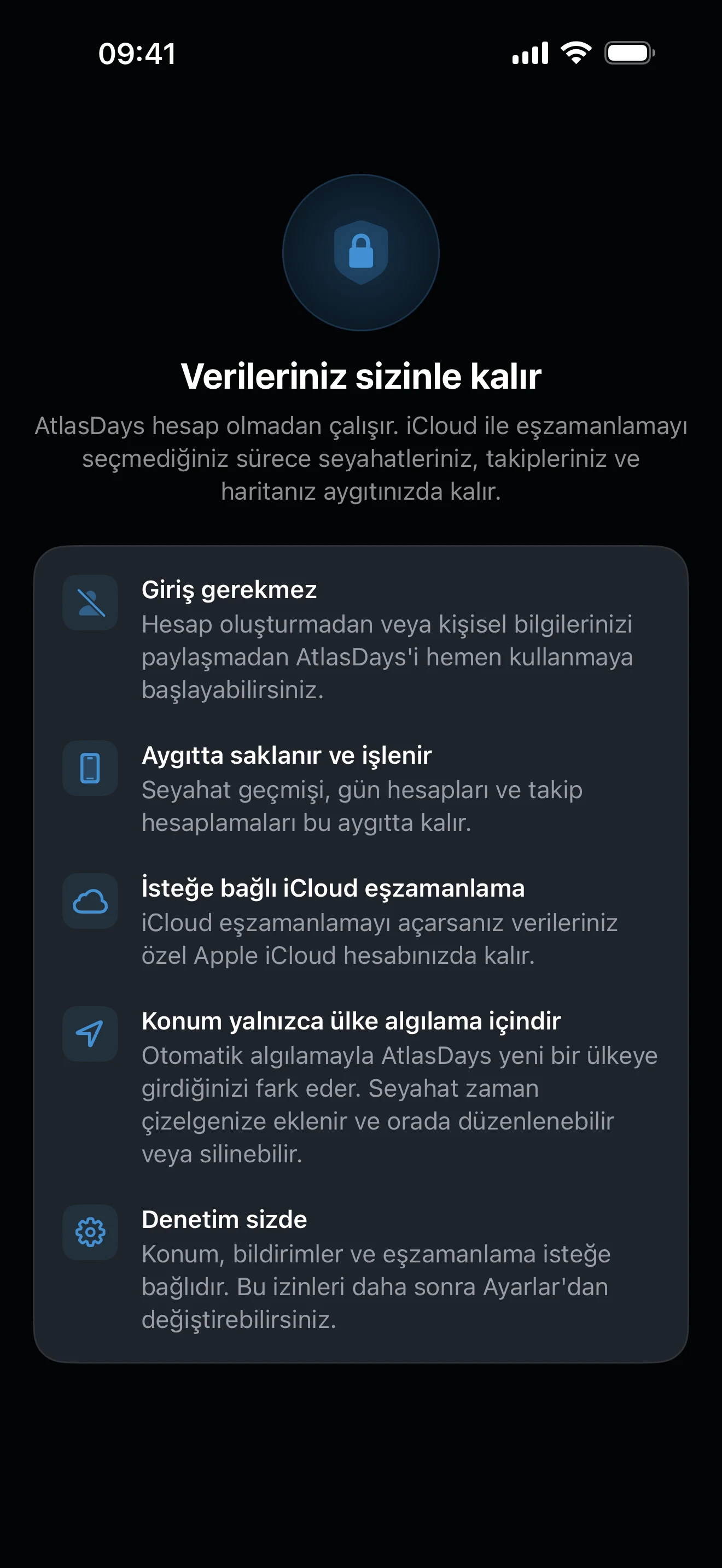Seyahat verilerinin isteğe bağlı iCloud eşzamanlamayla aygıtta kaldığını açıklayan AtlasDays Gizlilik sayfası