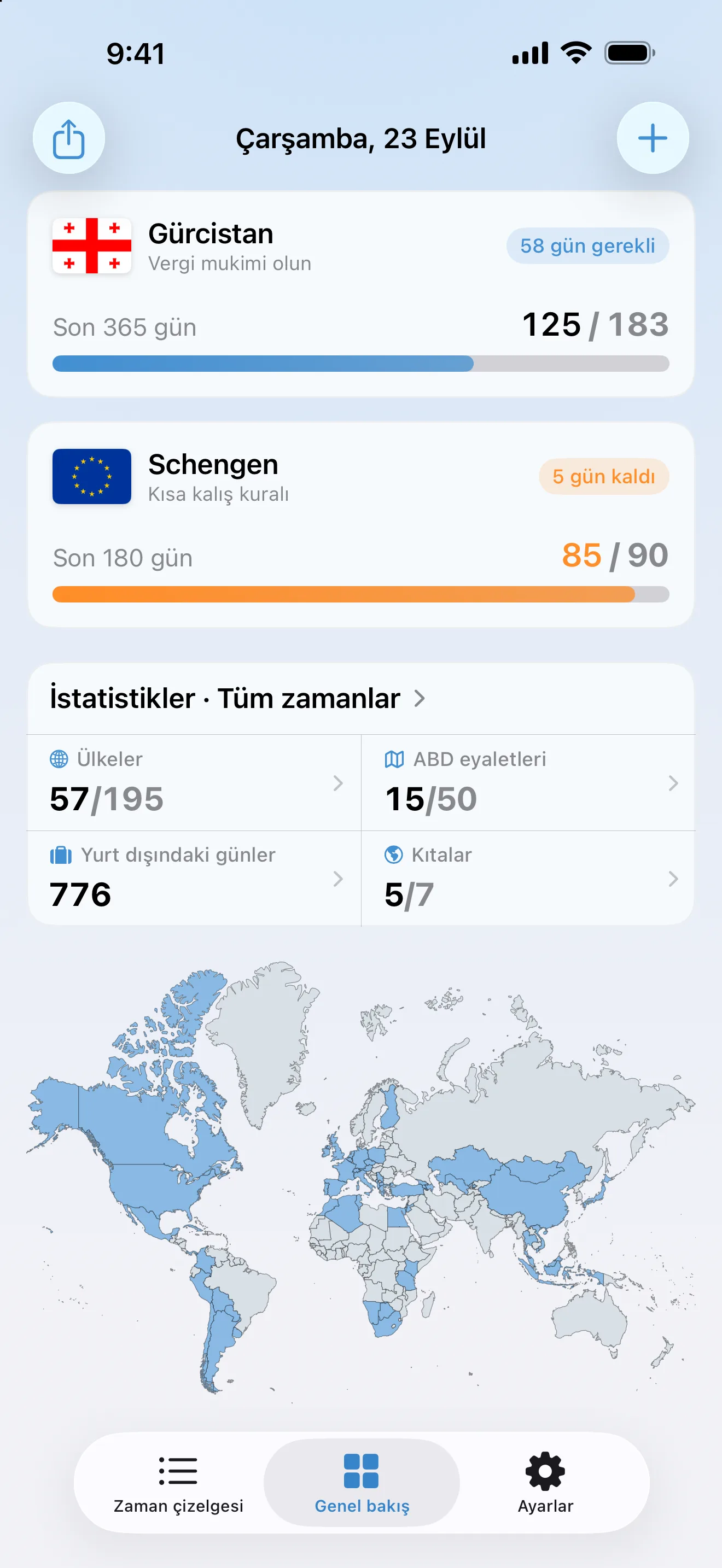 23 Eylül Çarşamba günkü AtlasDays genel bakış ekranı: bir Gürcistan ikamet takibi, 90 günün 85'inde olan Schengen takibi, tüm zamanların istatistikleri ve ziyaret edilen ülkelerin dünya haritası