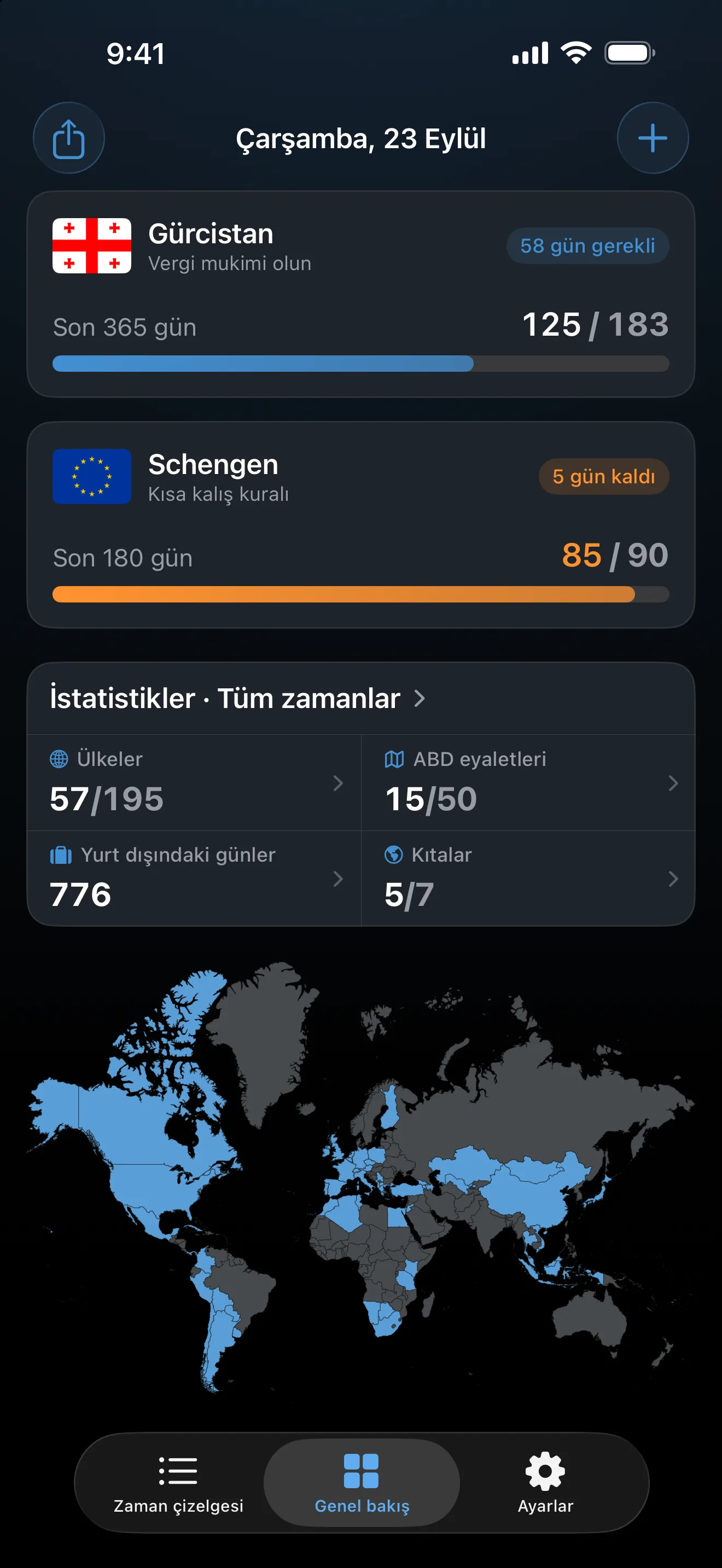 23 Eylül Çarşamba günkü AtlasDays genel bakış ekranı: bir Gürcistan ikamet takibi, 90 günün 85'inde olan Schengen takibi, tüm zamanların istatistikleri ve ziyaret edilen ülkelerin dünya haritası