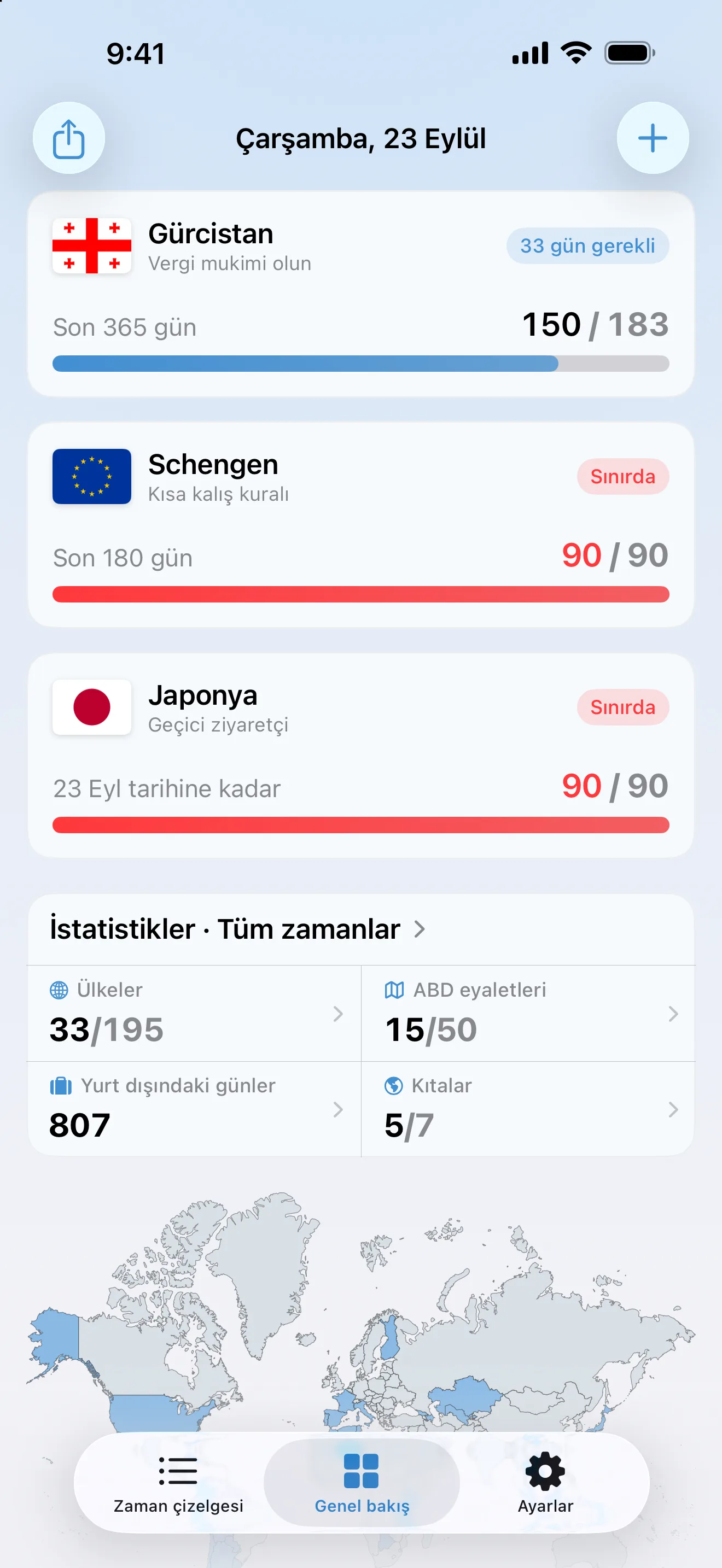AtlasDays genel bakış ekranı: Schengen ve Japonya ziyaretçi takiplerinin ikisi de 90 günün 90'ında kırmızı ve Sınırda olarak işaretli