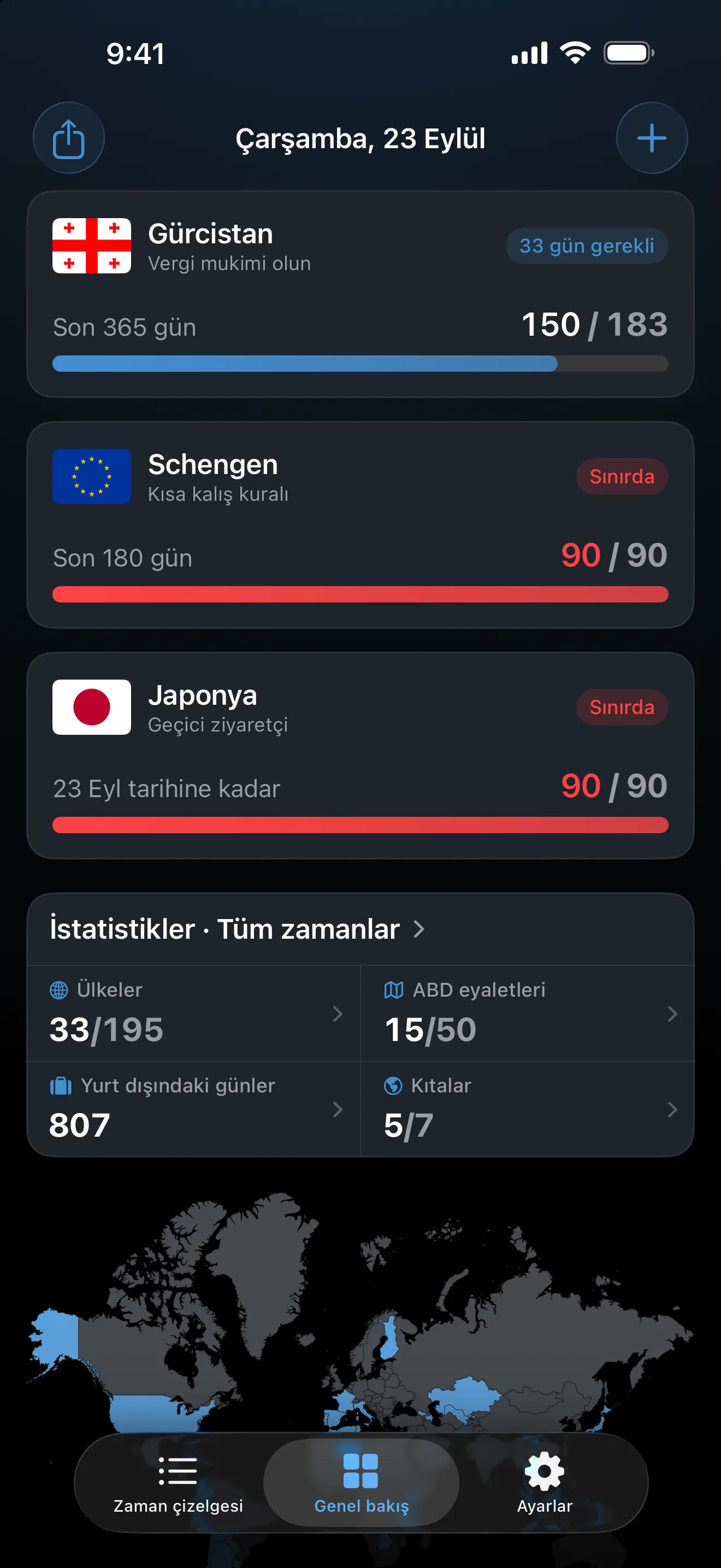 AtlasDays genel bakış ekranı: Schengen ve Japonya ziyaretçi takiplerinin ikisi de 90 günün 90'ında kırmızı ve Sınırda olarak işaretli