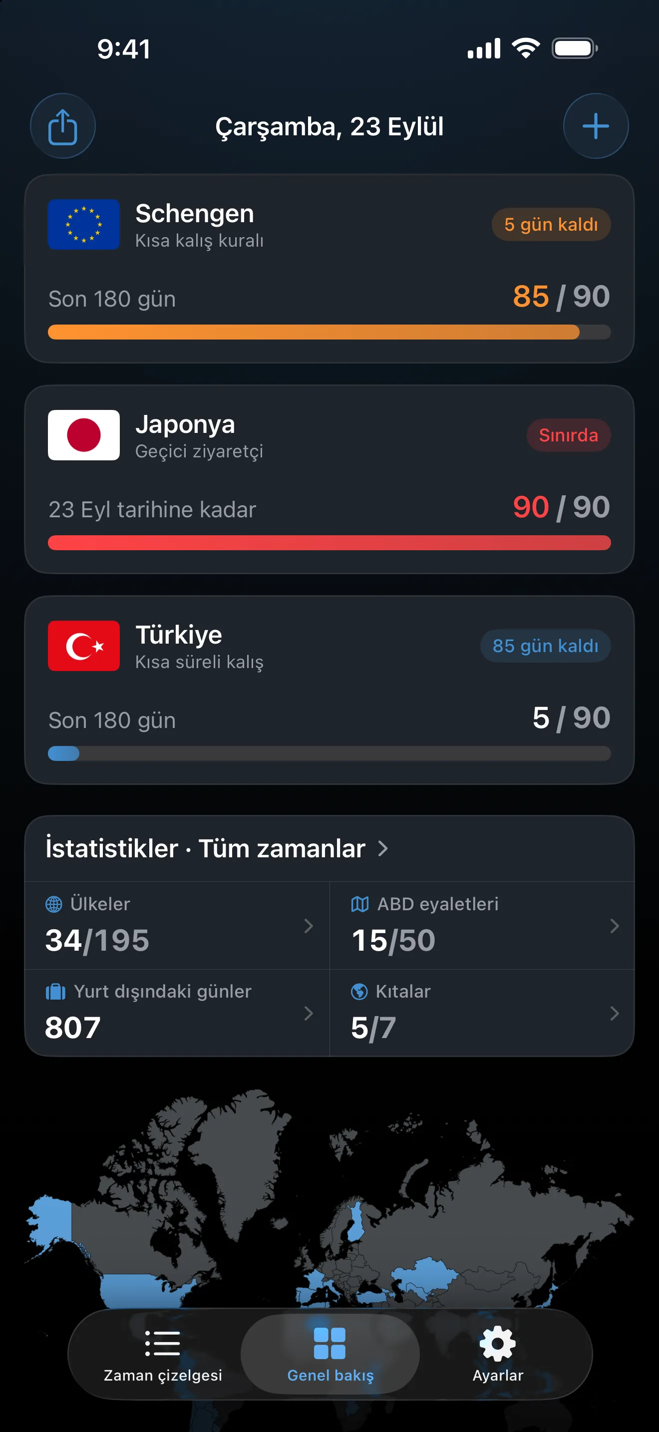 Üç vize takibi olan AtlasDays genel bakış ekranı: 90 günün 85'inde turuncu Schengen, sınırında kırmızı bir Japonya geçici ziyaretçi kalışı ve 90 günün 5'inde Türkiye