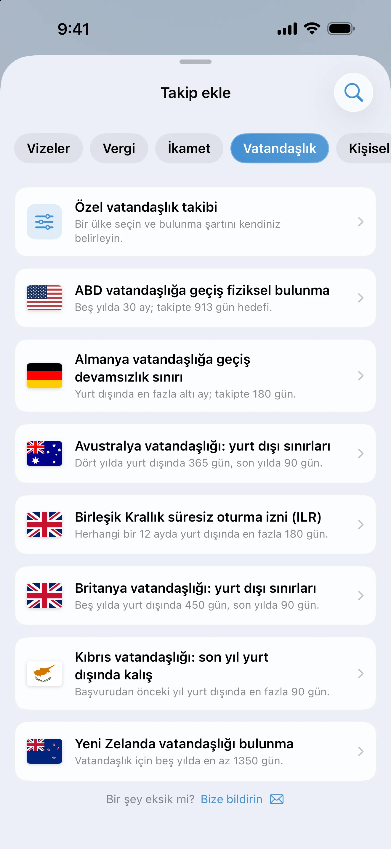 Vatandaşlık filtresi uygulanmış AtlasDays Takip ekle ekranı: Avustralya, Kıbrıs, Almanya, Yeni Zelanda, Birleşik Krallık ve ABD için hazır kurallar