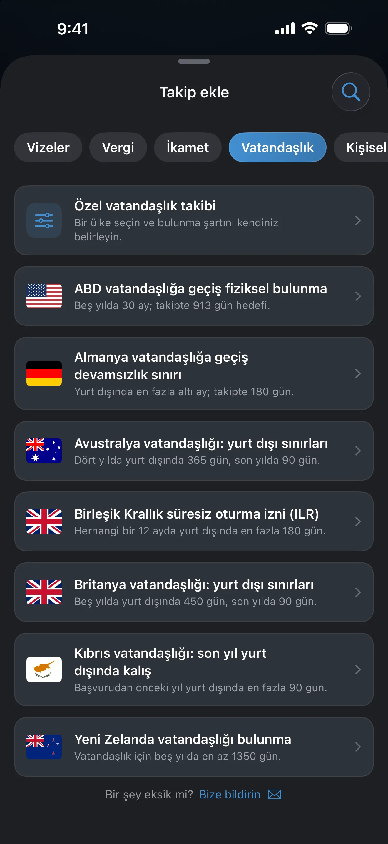 Vatandaşlık filtresi uygulanmış AtlasDays Takip ekle ekranı: Avustralya, Kıbrıs, Almanya, Yeni Zelanda, Birleşik Krallık ve ABD için hazır kurallar