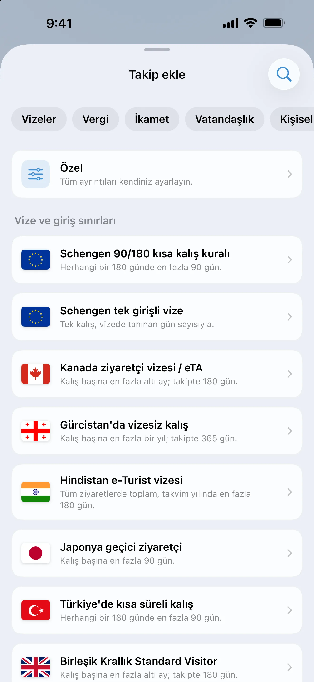 Hazır vize ve giriş sınırı kurallarının üzerinde Vizeler, Vergi, İkamet ve Vatandaşlık filtrelerini gösteren AtlasDays Takip ekle ekranı